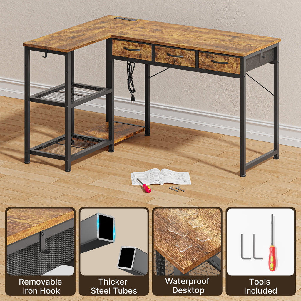 Asofer 53" L Shape Desk, Computer Desk with 3 Drawer and Shelves, Power Outlet, Retro