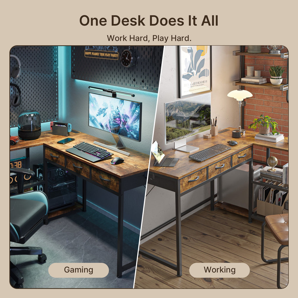 Asofer 53" L Shape Desk, Computer Desk with 3 Drawer and Shelves, Power Outlet, Retro