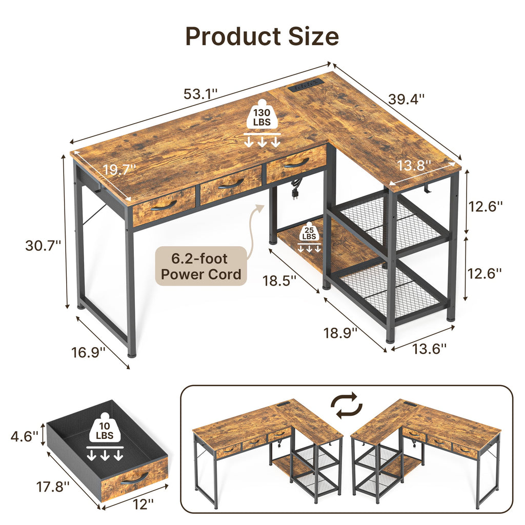Asofer 53" L Shape Desk, Computer Desk with 3 Drawer and Shelves, Power Outlet, Retro