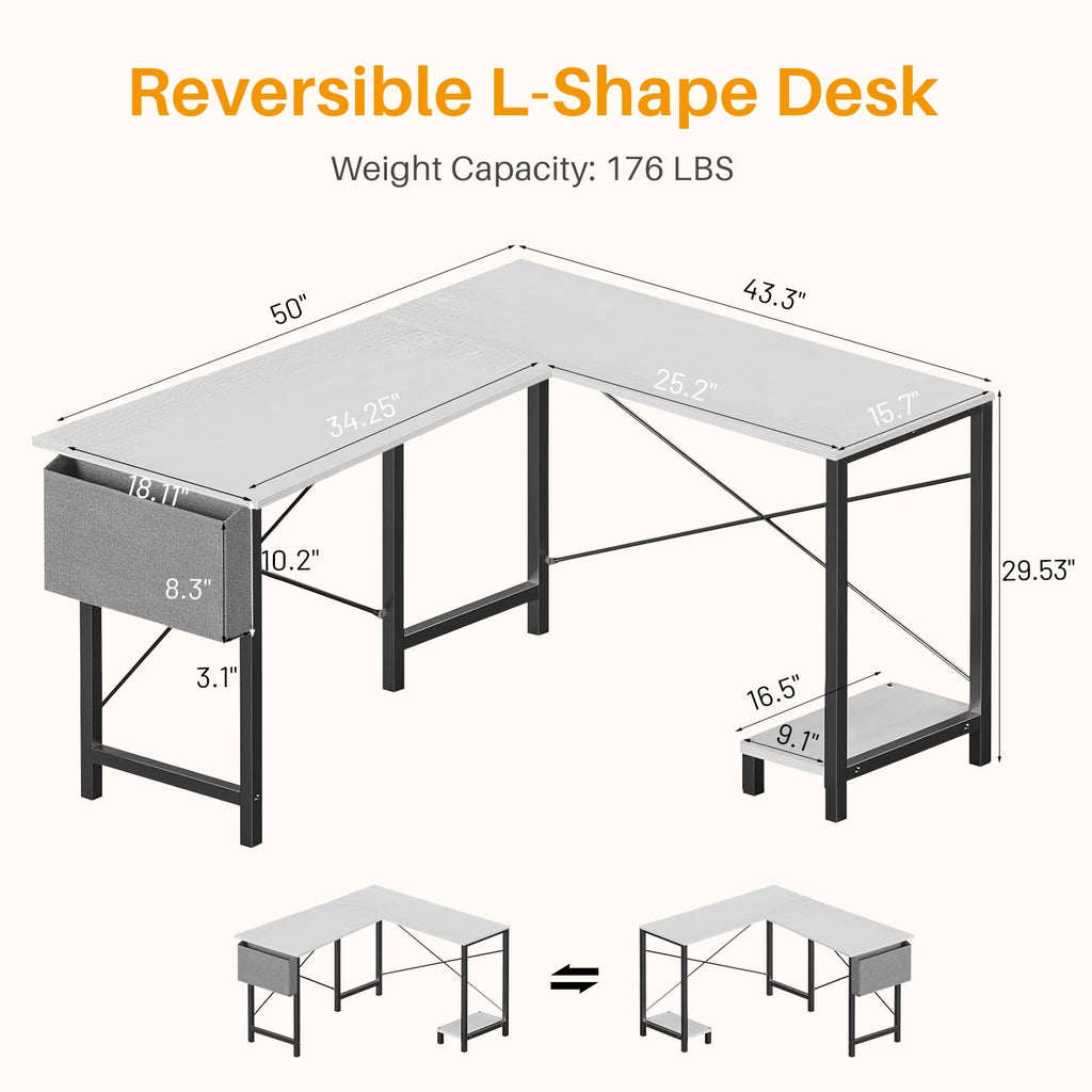 L Shaped Gaming Desk, 50 Inch Reversible Corner PC Work Table for Writing Study, Wood Tabletop and Metal Frame, CPU Stand Side Bag for Home Office Small Space, White
