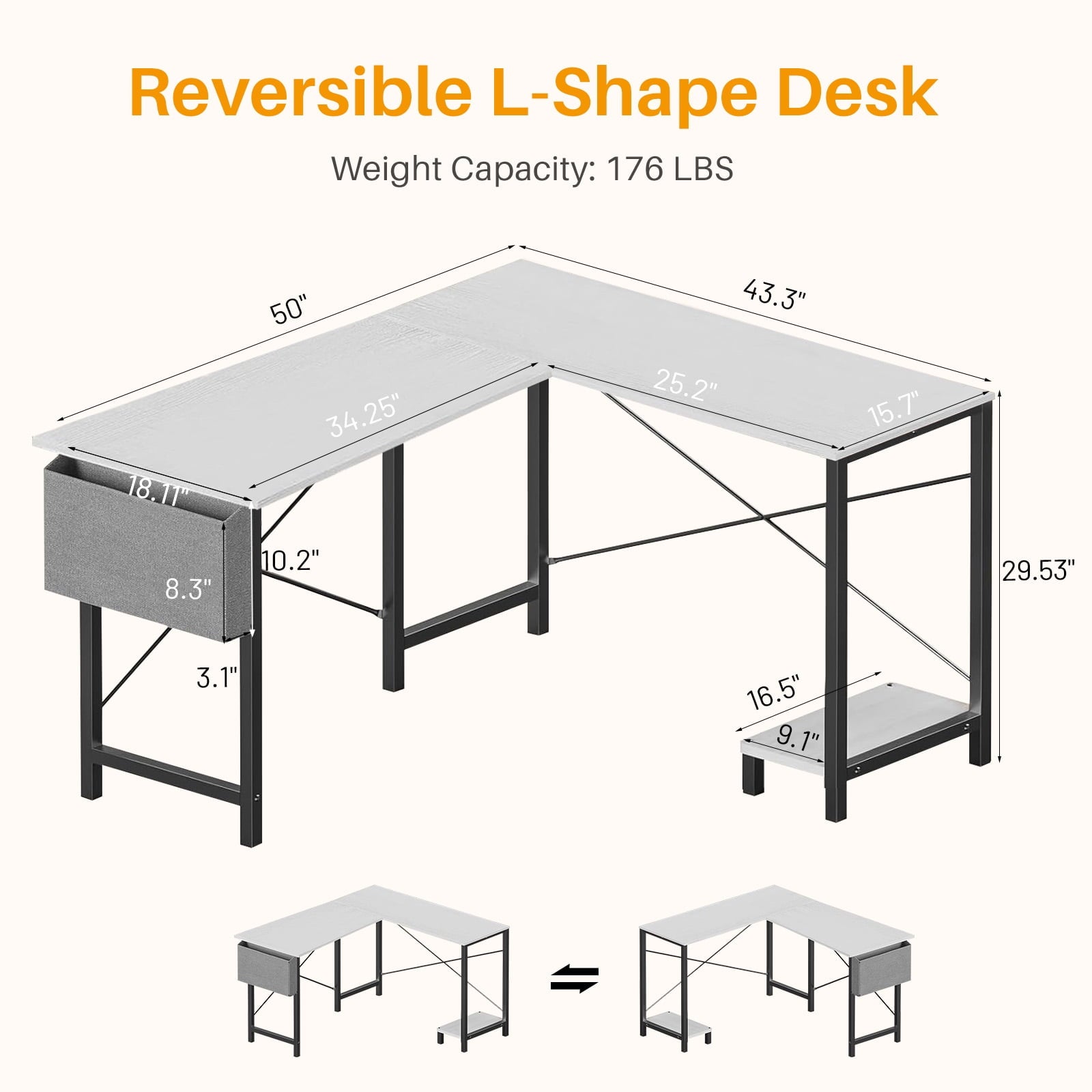 L Shaped Gaming Desk, 50 Inch Reversible Corner PC Work Table for Writing Study, Wood Tabletop and Metal Frame, CPU Stand Side Bag for Home Office Small Space, White