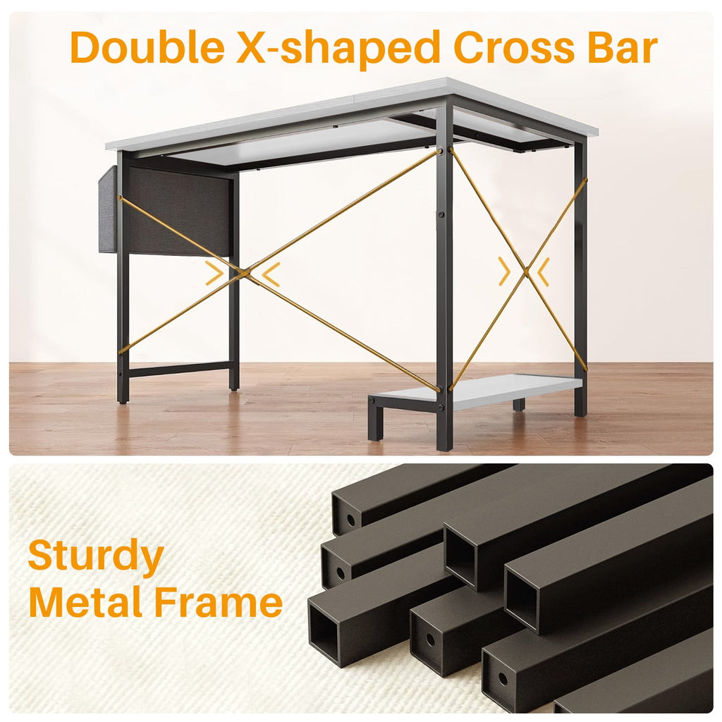L Shaped Gaming Desk, 50 Inch Reversible Corner PC Work Table for Writing Study, Wood Tabletop and Metal Frame, CPU Stand Side Bag for Home Office Small Space, White