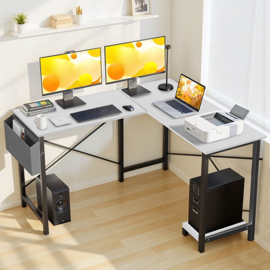 L Shaped Gaming Desk, 50 Inch Reversible Corner PC Work Table for Writing Study, Wood Tabletop and Metal Frame, CPU Stand Side Bag for Home Office Small Space, White