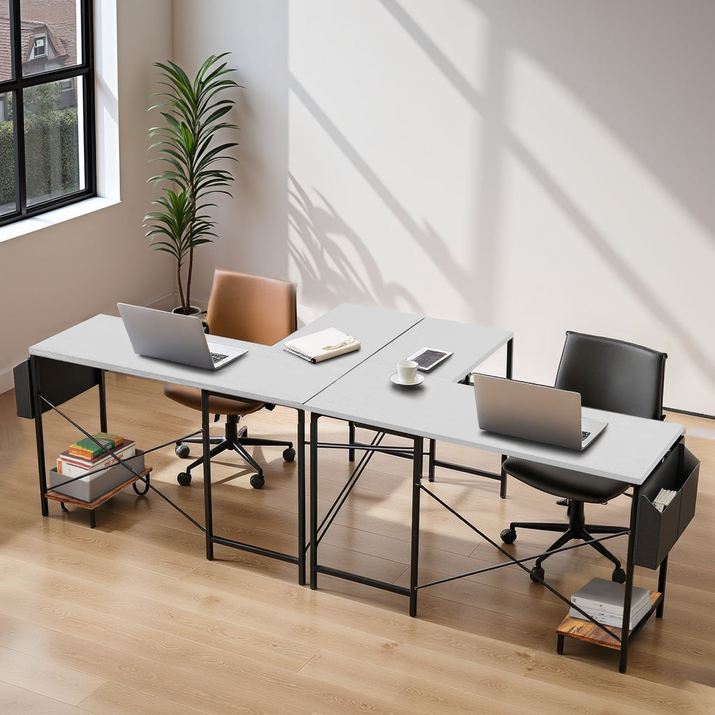 L Shaped Gaming Desk, 50 Inch Reversible Corner PC Work Table for Writing Study, Wood Tabletop and Metal Frame, CPU Stand Side Bag for Home Office Small Space, White