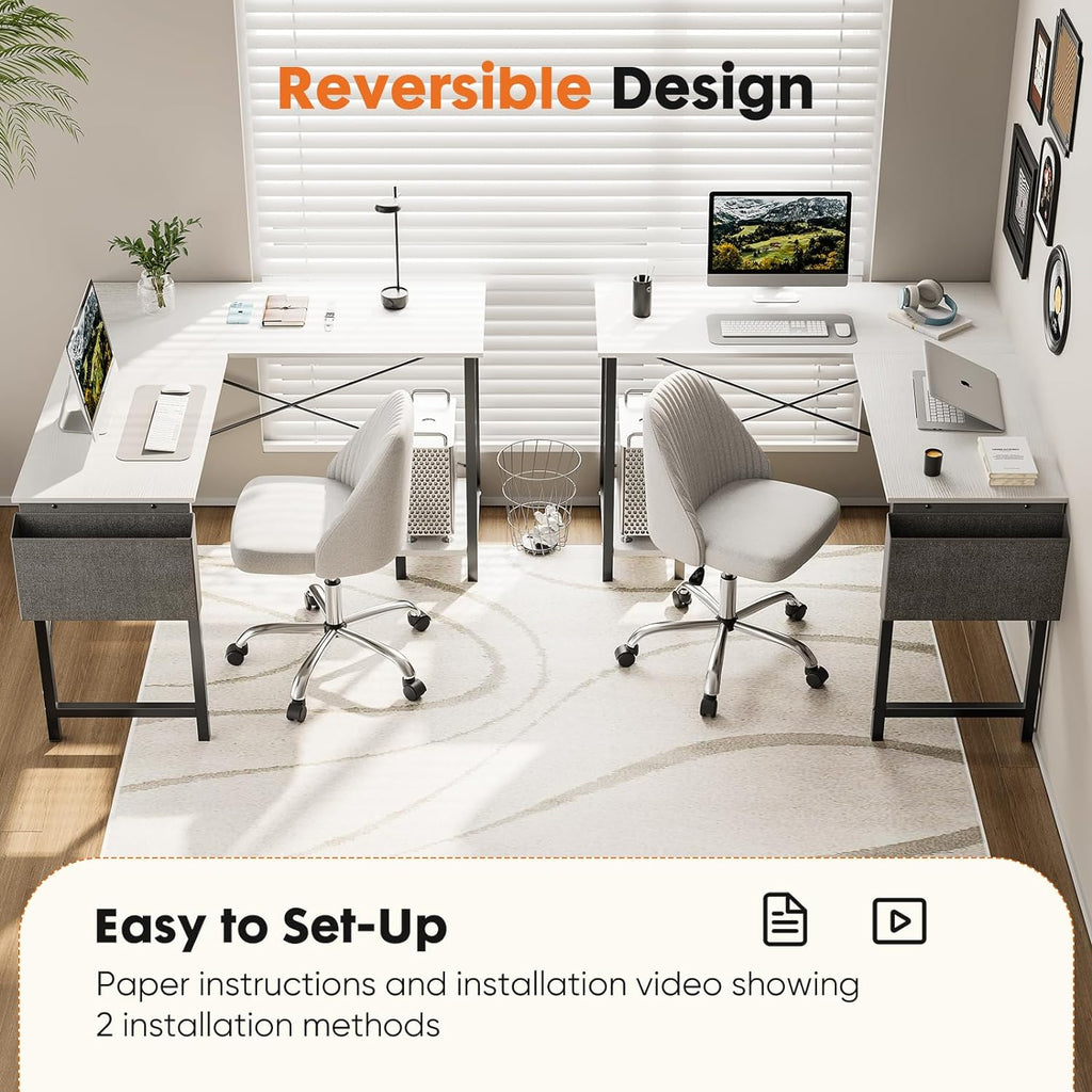 L Shaped Gaming Desk, 50 Inch Reversible Corner PC Work Table for Writing Study, Wood Tabletop and Metal Frame, CPU Stand Side Bag for Home Office Small Space, White