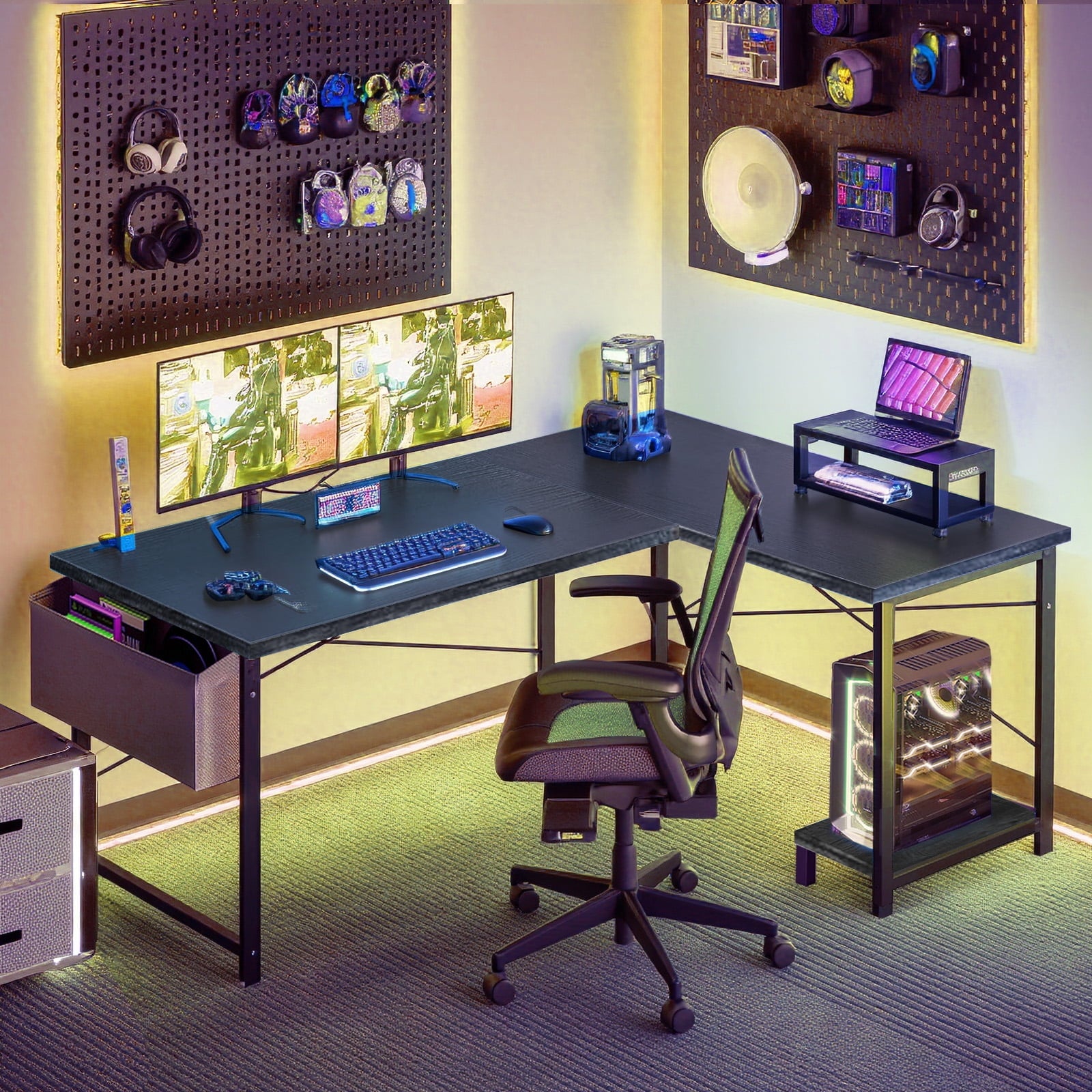 L Shaped Gaming Desk, 50 Inch Reversible Corner PC Work Table for Writing Study, Wood Tabletop and Metal Frame, CPU Stand Side Bag for Home Office Small Space, White
