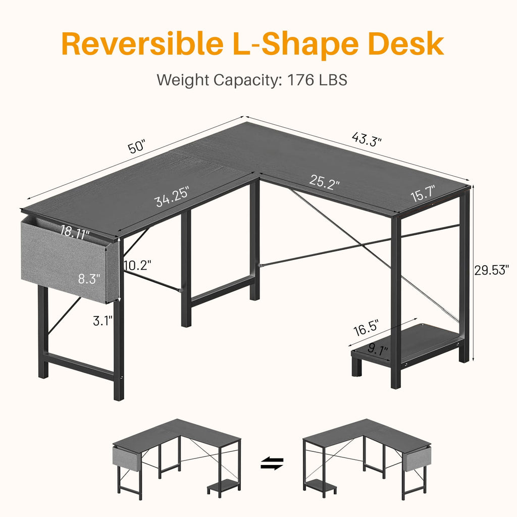 L Shaped Gaming Desk, 50 Inch Reversible Corner PC Work Table for Writing Study, Wood Tabletop and Metal Frame, CPU Stand Side Bag for Home Office Small Space, White