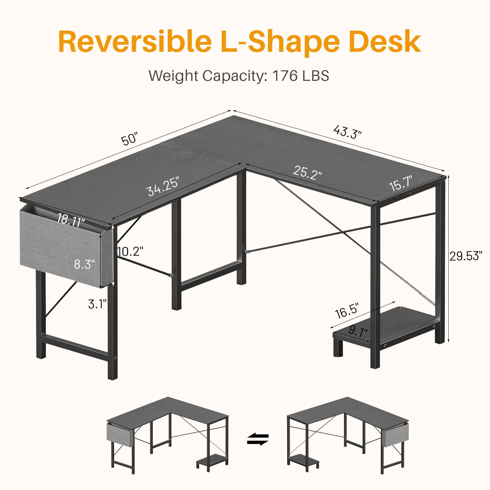 L Shaped Gaming Desk, 50 Inch Reversible Corner PC Work Table for Writing Study, Wood Tabletop and Metal Frame, CPU Stand Side Bag for Home Office Small Space, White