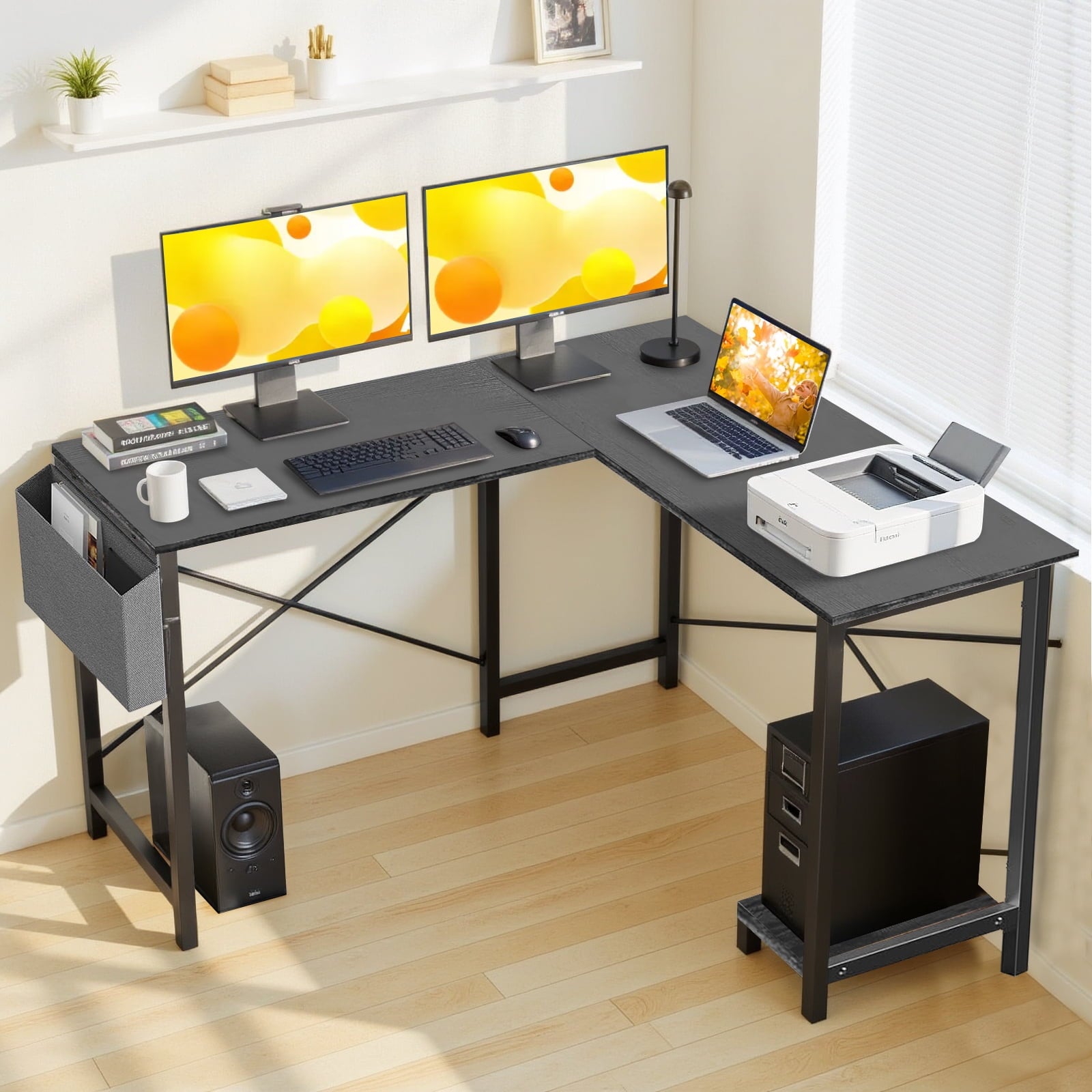 L Shaped Gaming Desk, 50 Inch Reversible Corner PC Work Table for Writing Study, Wood Tabletop and Metal Frame, CPU Stand Side Bag for Home Office Small Space, White