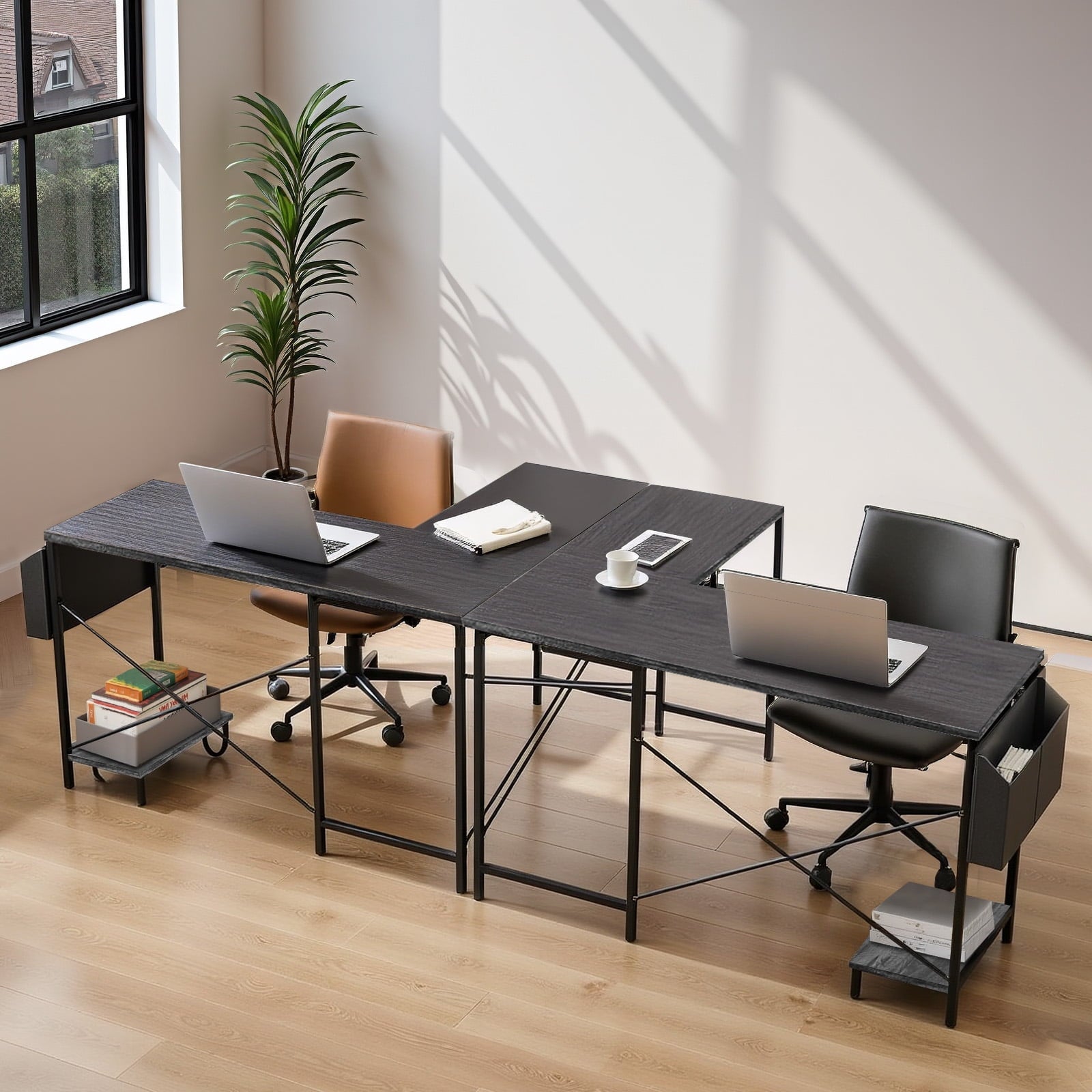 L Shaped Gaming Desk, 50 Inch Reversible Corner PC Work Table for Writing Study, Wood Tabletop and Metal Frame, CPU Stand Side Bag for Home Office Small Space, White