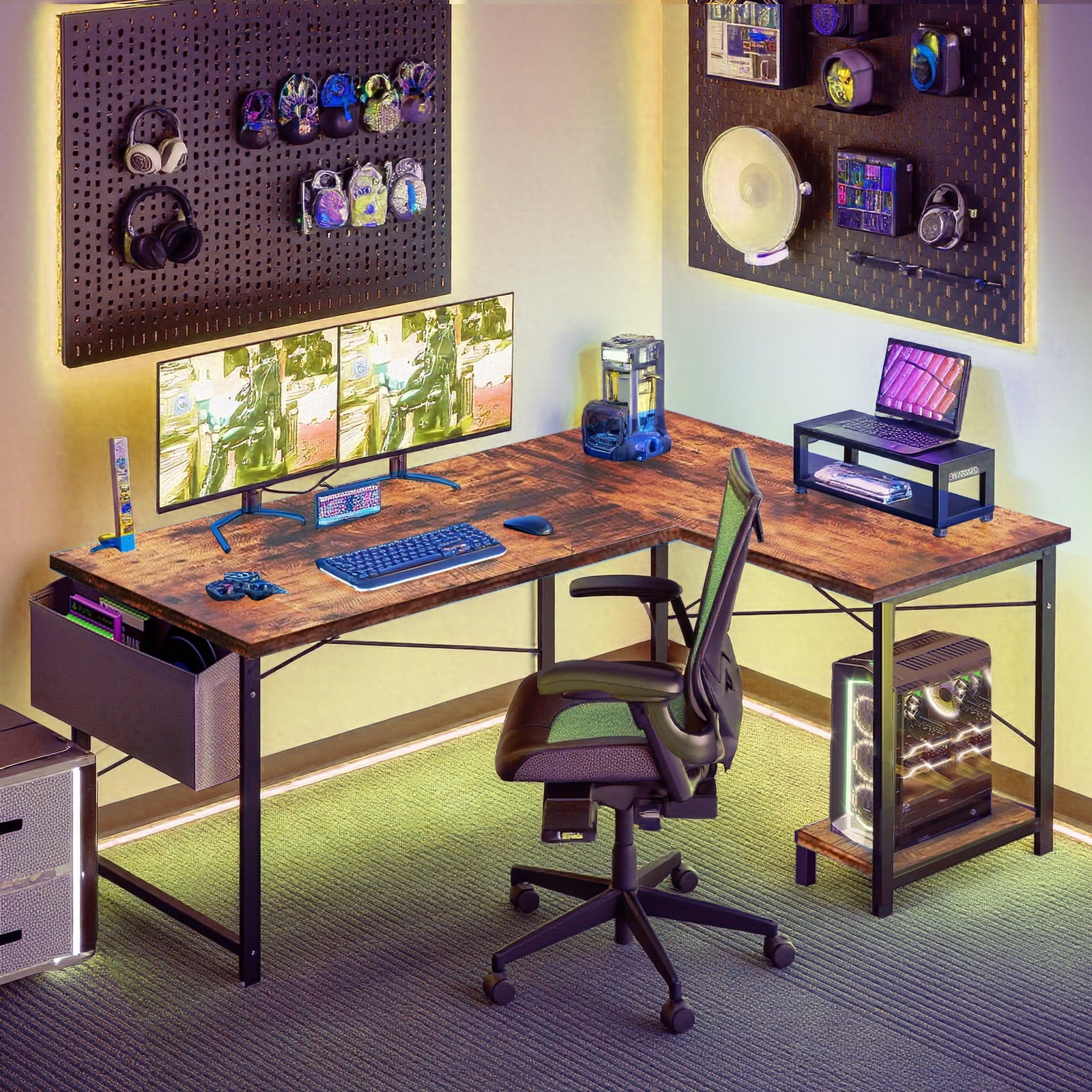 L Shaped Gaming Desk, 50 Inch Reversible Corner PC Work Table for Writing Study, Wood Tabletop and Metal Frame, CPU Stand Side Bag for Home Office Small Space, White