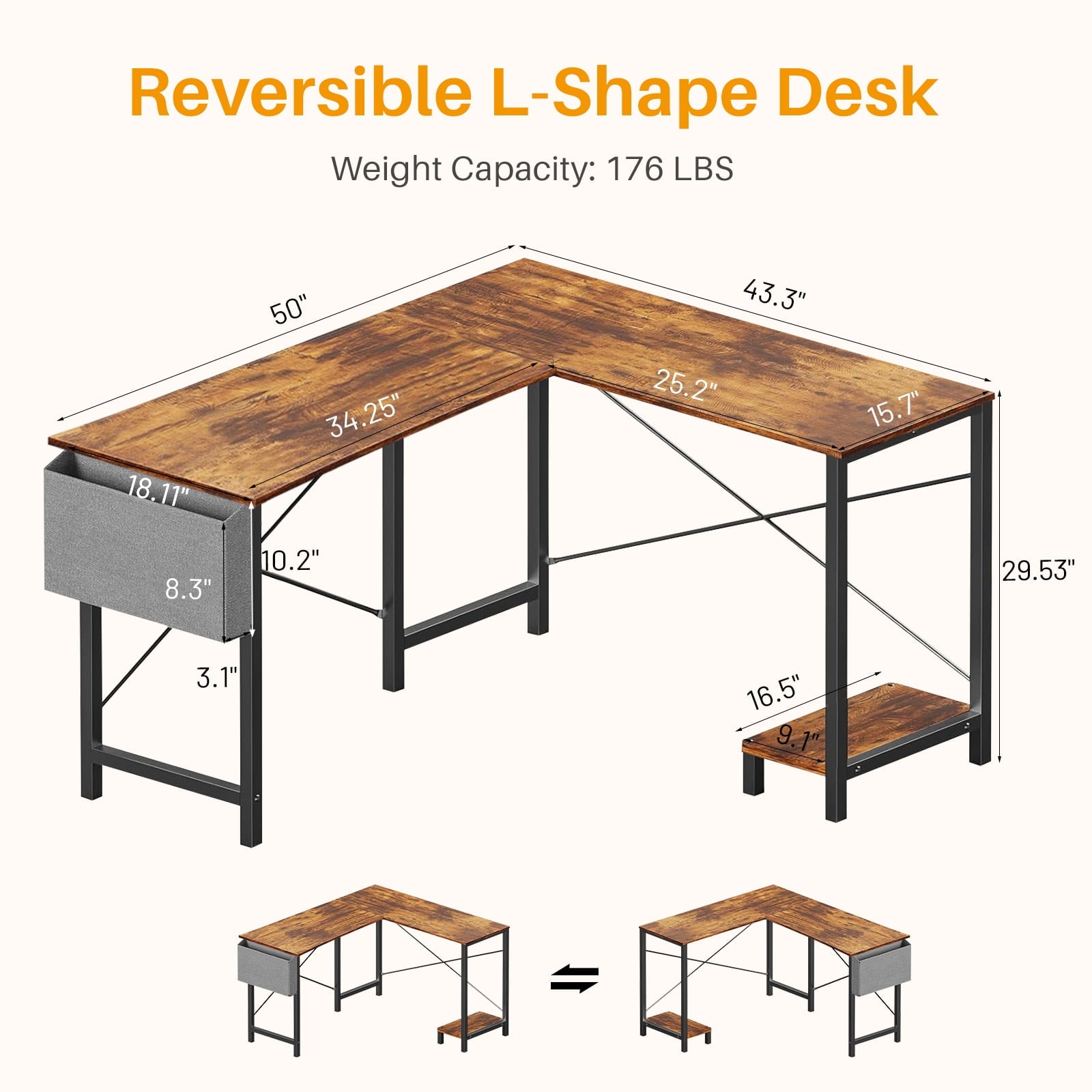 L Shaped Gaming Desk, 50 Inch Reversible Corner PC Work Table for Writing Study, Wood Tabletop and Metal Frame, CPU Stand Side Bag for Home Office Small Space, White