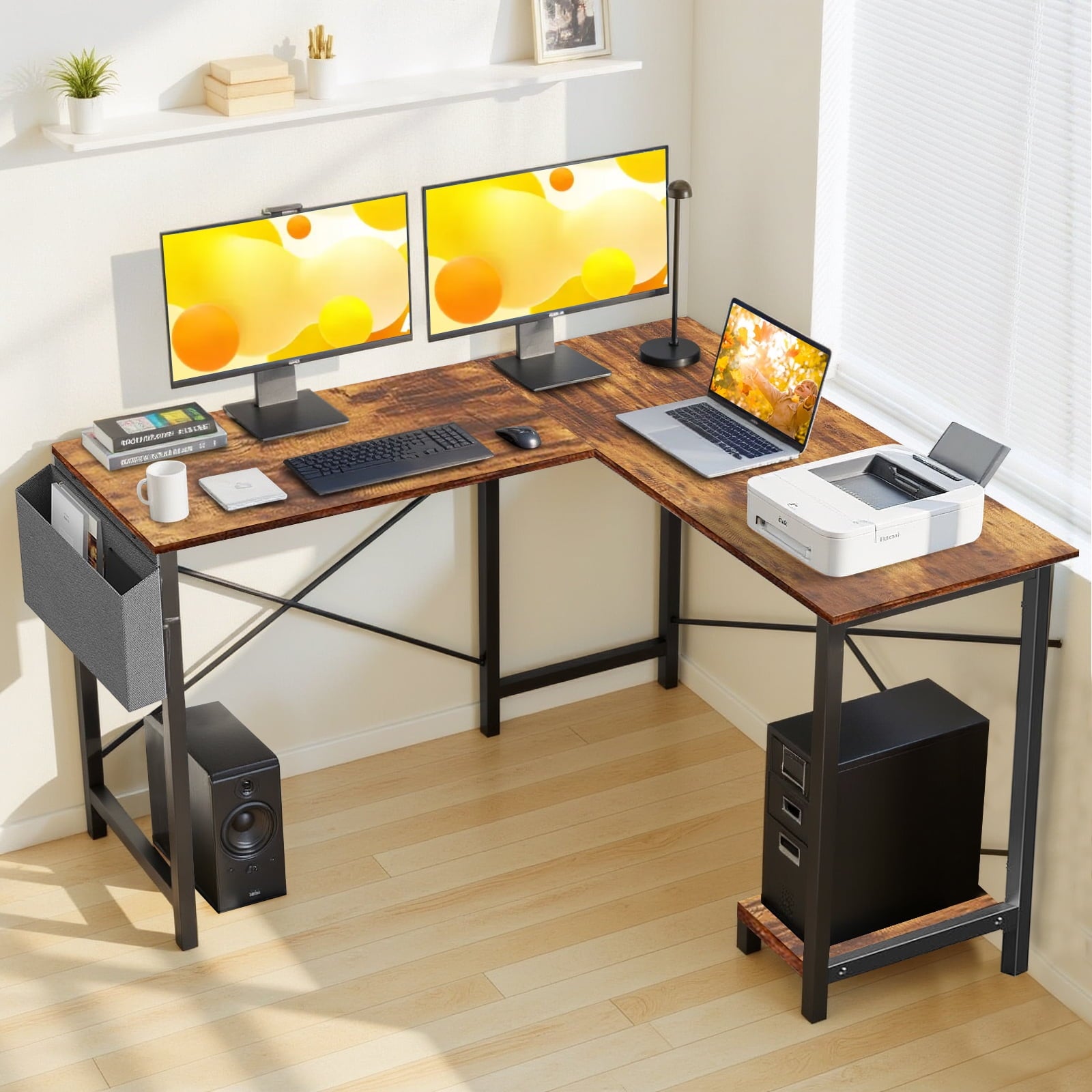 L Shaped Gaming Desk, 50 Inch Reversible Corner PC Work Table for Writing Study, Wood Tabletop and Metal Frame, CPU Stand Side Bag for Home Office Small Space, White