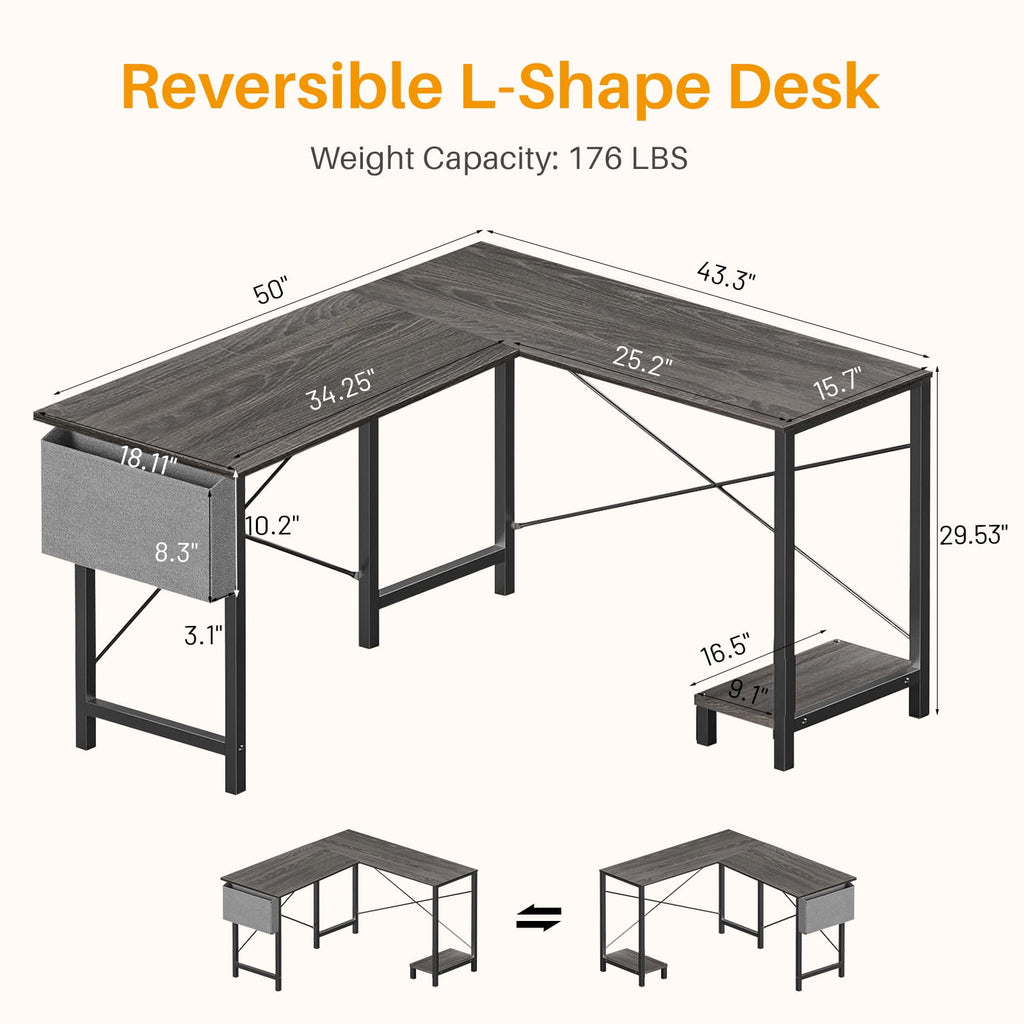 L Shaped Gaming Desk, 50 Inch Reversible Corner PC Work Table for Writing Study, Wood Tabletop and Metal Frame, CPU Stand Side Bag for Home Office Small Space, White