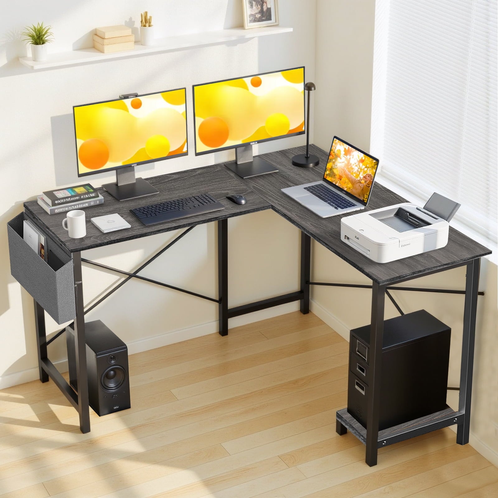 L Shaped Gaming Desk, 50 Inch Reversible Corner PC Work Table for Writing Study, Wood Tabletop and Metal Frame, CPU Stand Side Bag for Home Office Small Space, White
