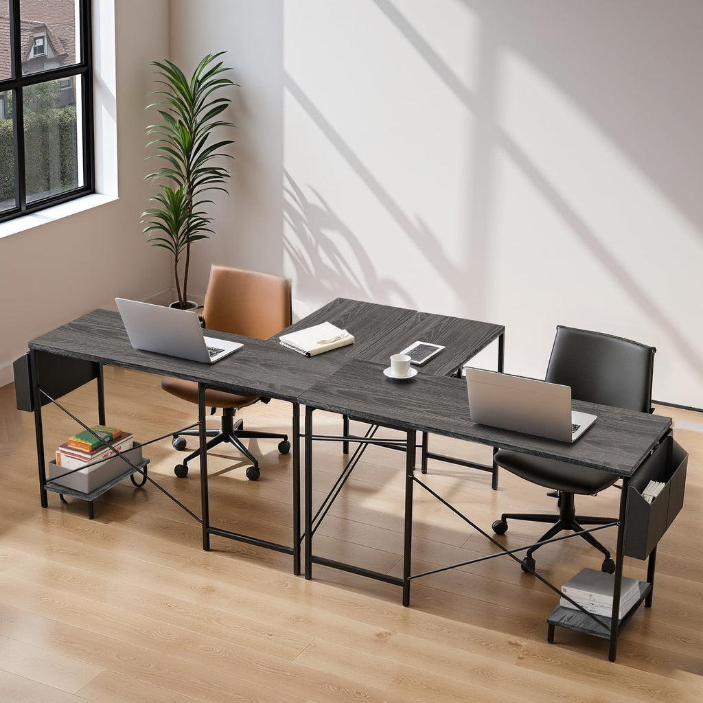 L Shaped Gaming Desk, 50 Inch Reversible Corner PC Work Table for Writing Study, Wood Tabletop and Metal Frame, CPU Stand Side Bag for Home Office Small Space, White