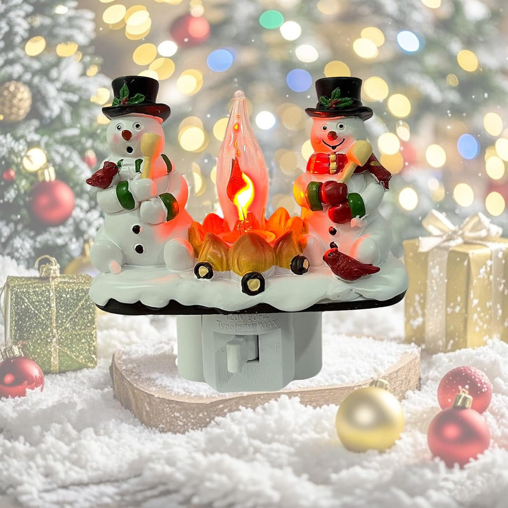 2026 Christmas 3D Night Light, Snowman Campfire Flickering Nightlight, 120V Plug-in Holiday Decor Lamp for Home Bedroom, Festive Ambience Lighting Gifts for Family