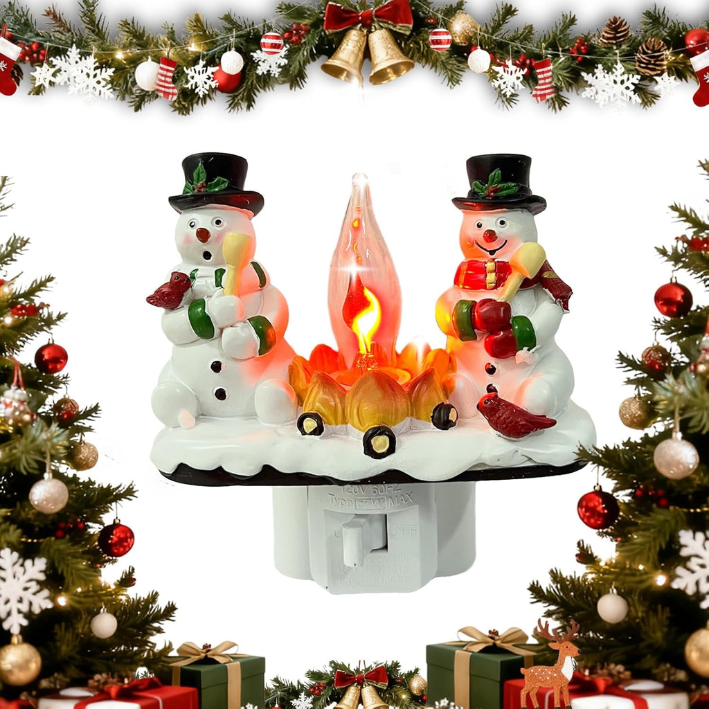 2026 Christmas 3D Night Light, Snowman Campfire Flickering Nightlight, 120V Plug-in Holiday Decor Lamp for Home Bedroom, Festive Ambience Lighting Gifts for Family