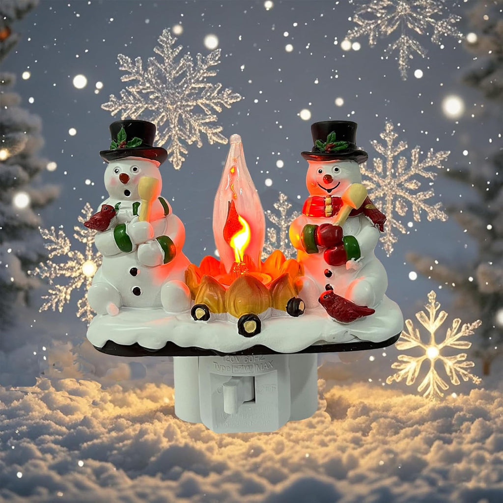 2026 Christmas 3D Night Light, Snowman Campfire Flickering Nightlight, 120V Plug-in Holiday Decor Lamp for Home Bedroom, Festive Ambience Lighting Gifts for Family