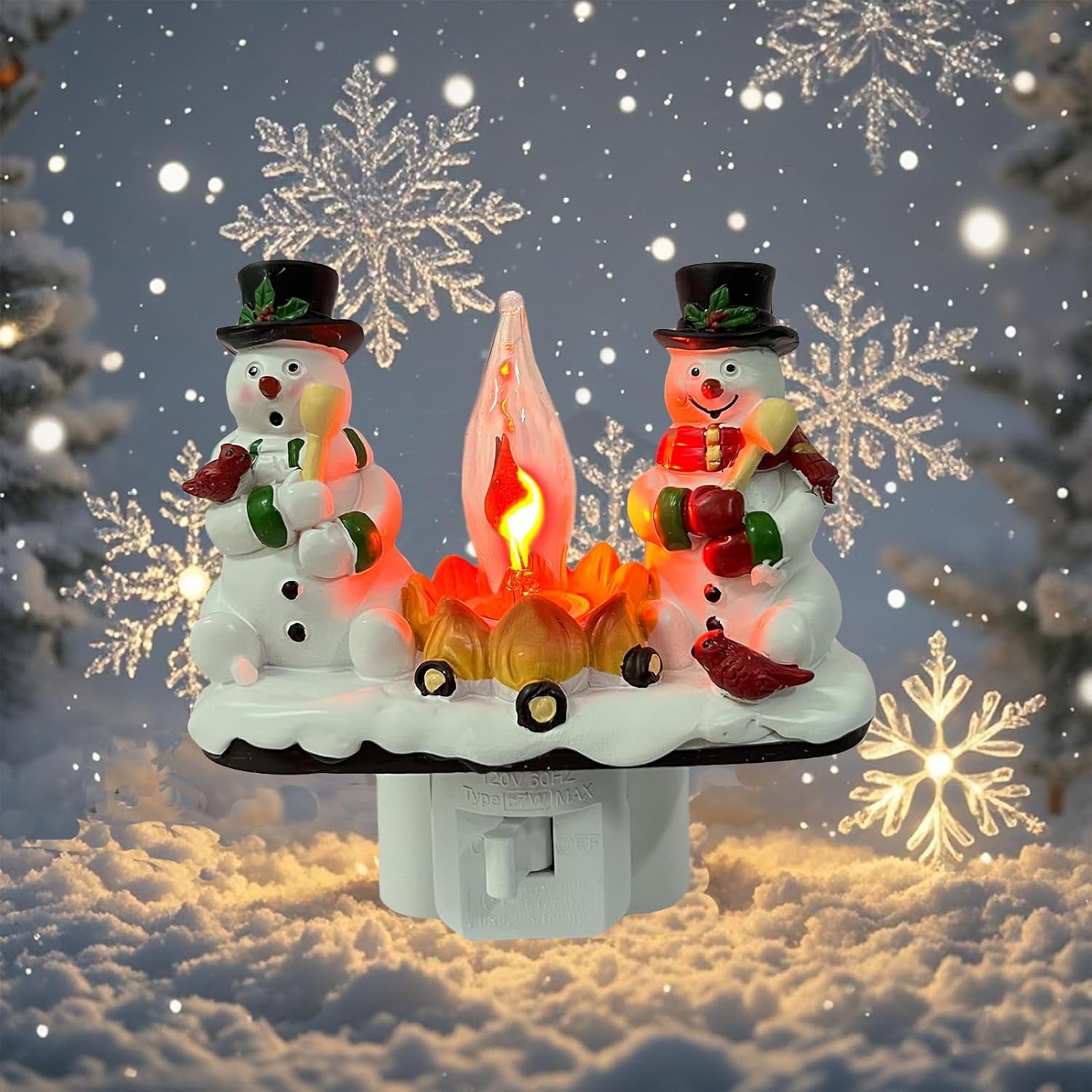 2026 Christmas 3D Night Light, Snowman Campfire Flickering Nightlight, 120V Plug-in Holiday Decor Lamp for Home Bedroom, Festive Ambience Lighting Gifts for Family