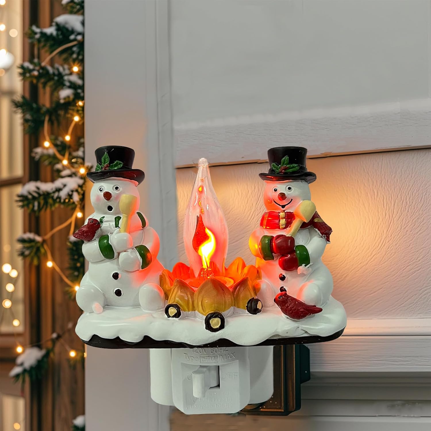 2026 Christmas 3D Night Light, Snowman Campfire Flickering Nightlight, 120V Plug-in Holiday Decor Lamp for Home Bedroom, Festive Ambience Lighting Gifts for Family