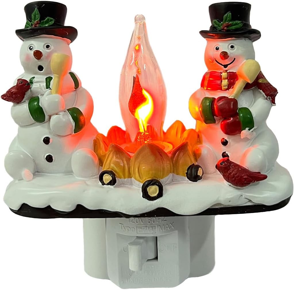 2026 Christmas 3D Night Light, Snowman Campfire Flickering Nightlight, 120V Plug-in Holiday Decor Lamp for Home Bedroom, Festive Ambience Lighting Gifts for Family