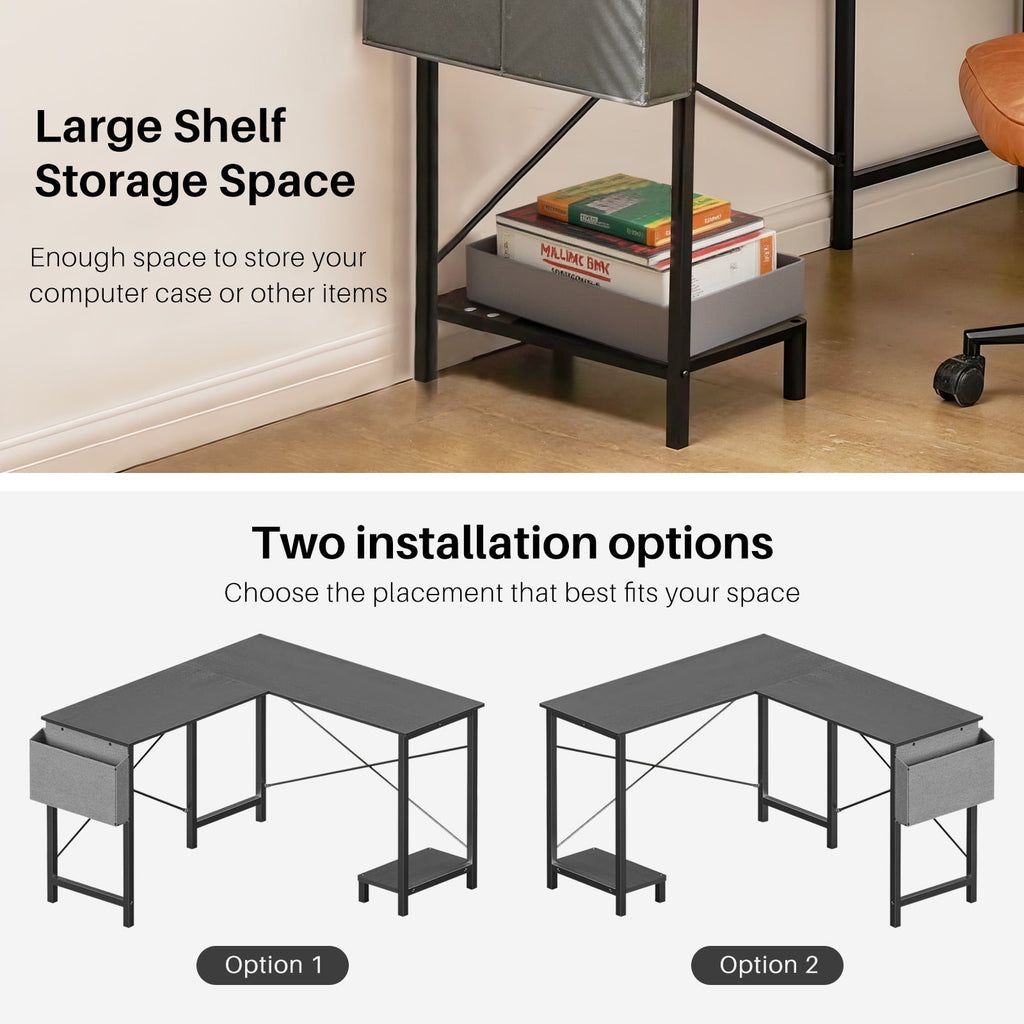 TINKLE WELL 50-inch L-Shaped Computer Desks, Corner Gaming Table with Wooden Desktop, Reversible Design, CPU Stand and Side Bag for Home Office, Study, Black