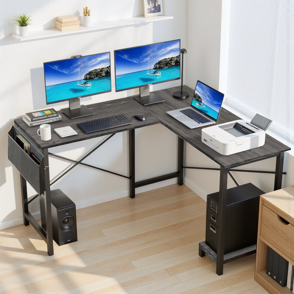 TINKLE WELL 50-inch L-Shaped Computer Desks, Corner Gaming Table with Wooden Desktop, Reversible Design, CPU Stand and Side Bag for Home Office, Study, Black