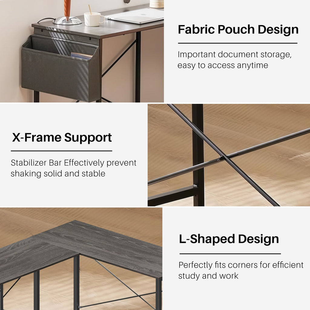 TINKLE WELL 50-inch L-Shaped Computer Desks, Corner Gaming Table with Wooden Desktop, Reversible Design, CPU Stand and Side Bag for Home Office, Study, Black