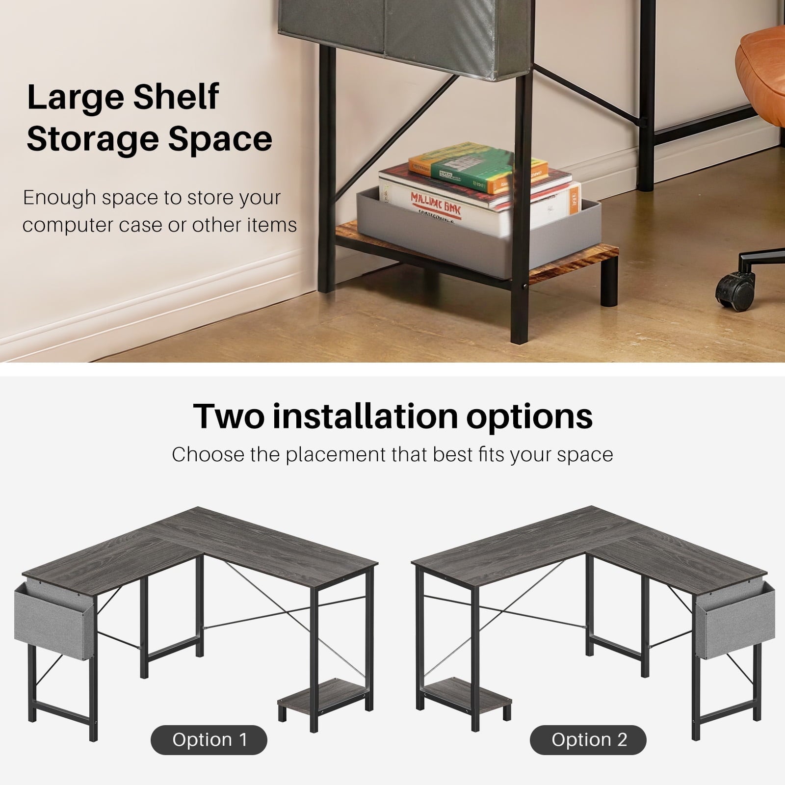 TINKLE WELL 50-inch L-Shaped Computer Desks, Corner Gaming Table with Wooden Desktop, Reversible Design, CPU Stand and Side Bag for Home Office, Study, Black
