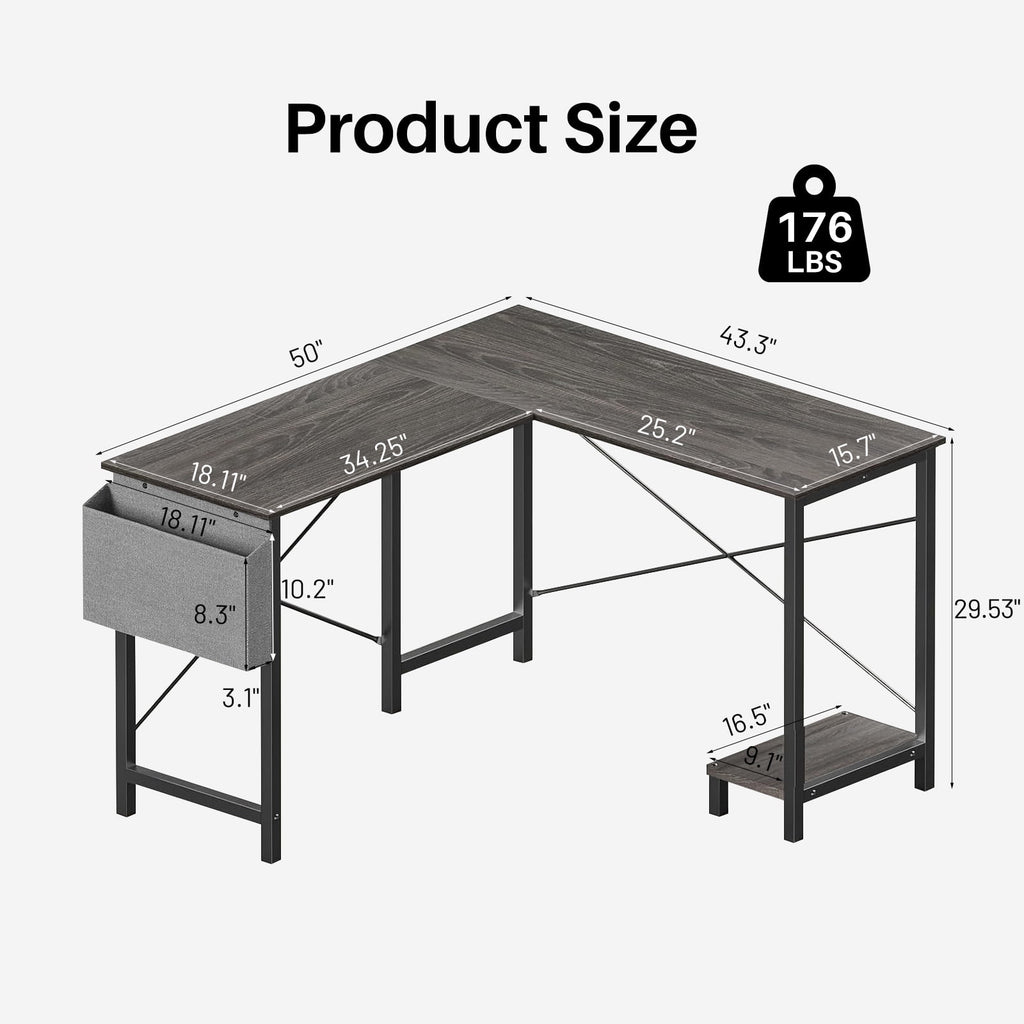 TINKLE WELL 50-inch L-Shaped Computer Desks, Corner Gaming Table with Wooden Desktop, Reversible Design, CPU Stand and Side Bag for Home Office, Study, Black