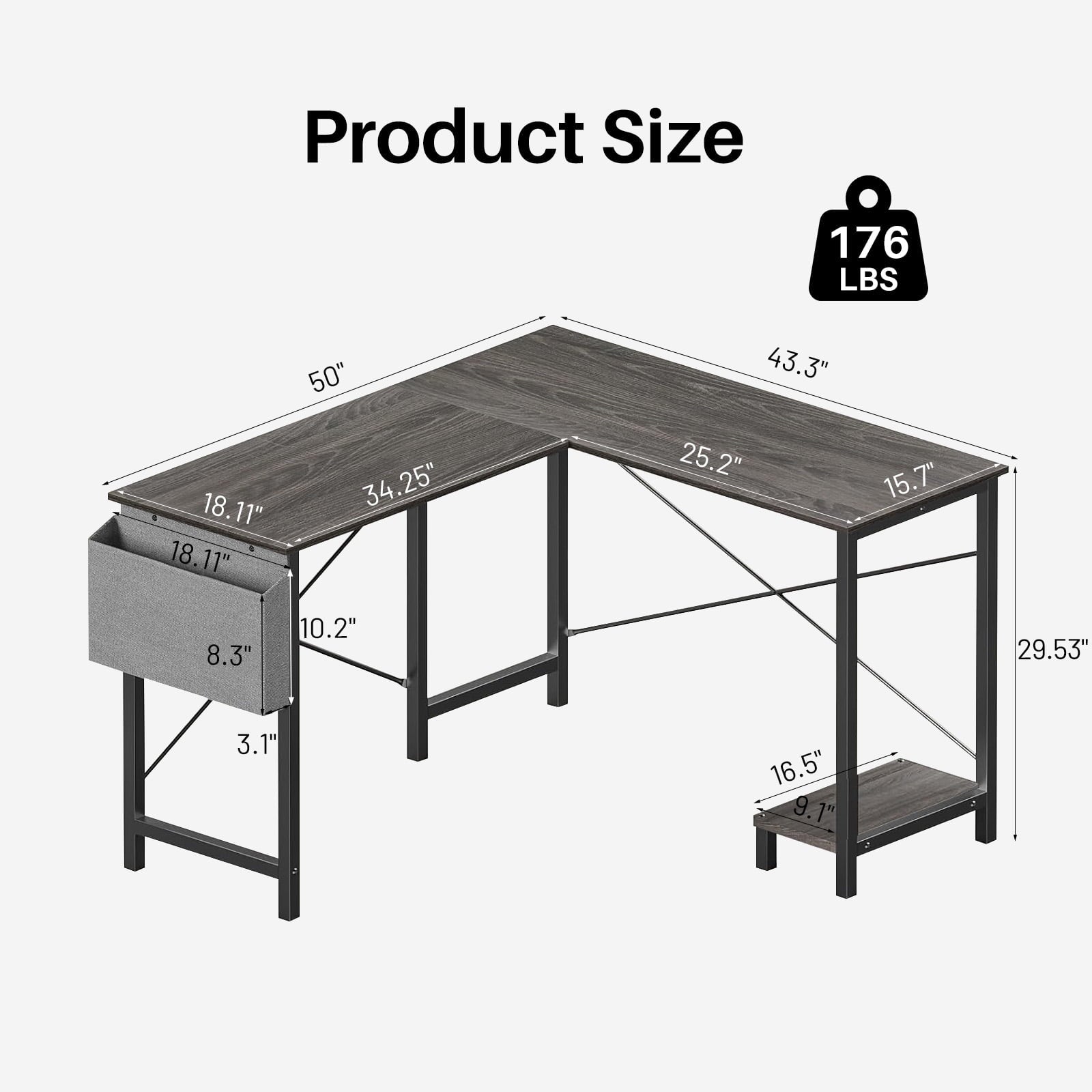 TINKLE WELL 50-inch L-Shaped Computer Desks, Corner Gaming Table with Wooden Desktop, Reversible Design, CPU Stand and Side Bag for Home Office, Study, Black