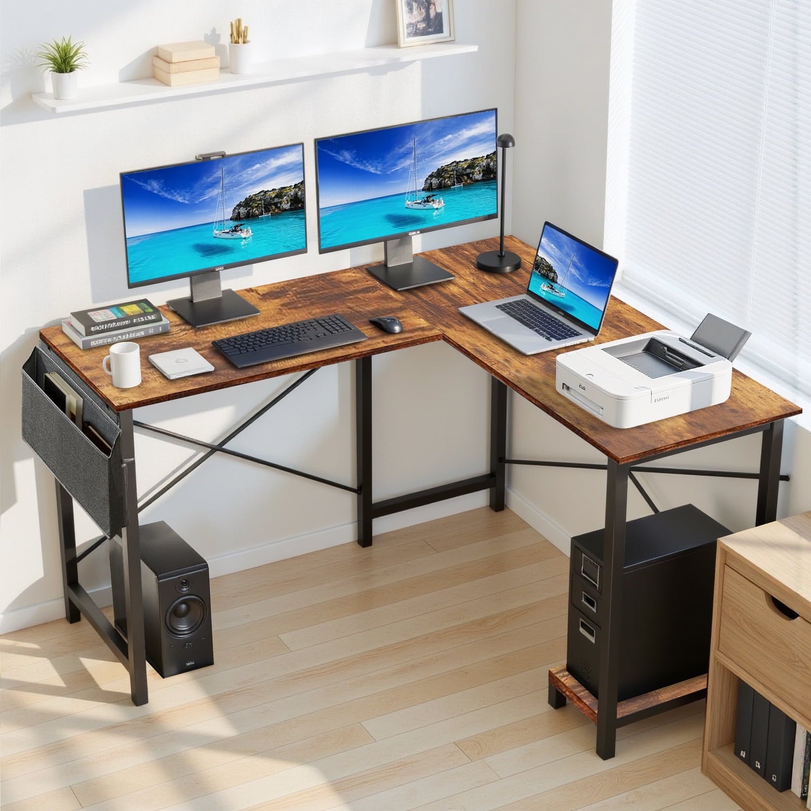 TINKLE WELL 50-inch L-Shaped Computer Desks, Corner Gaming Table with Wooden Desktop, Reversible Design, CPU Stand and Side Bag for Home Office, Study, Black