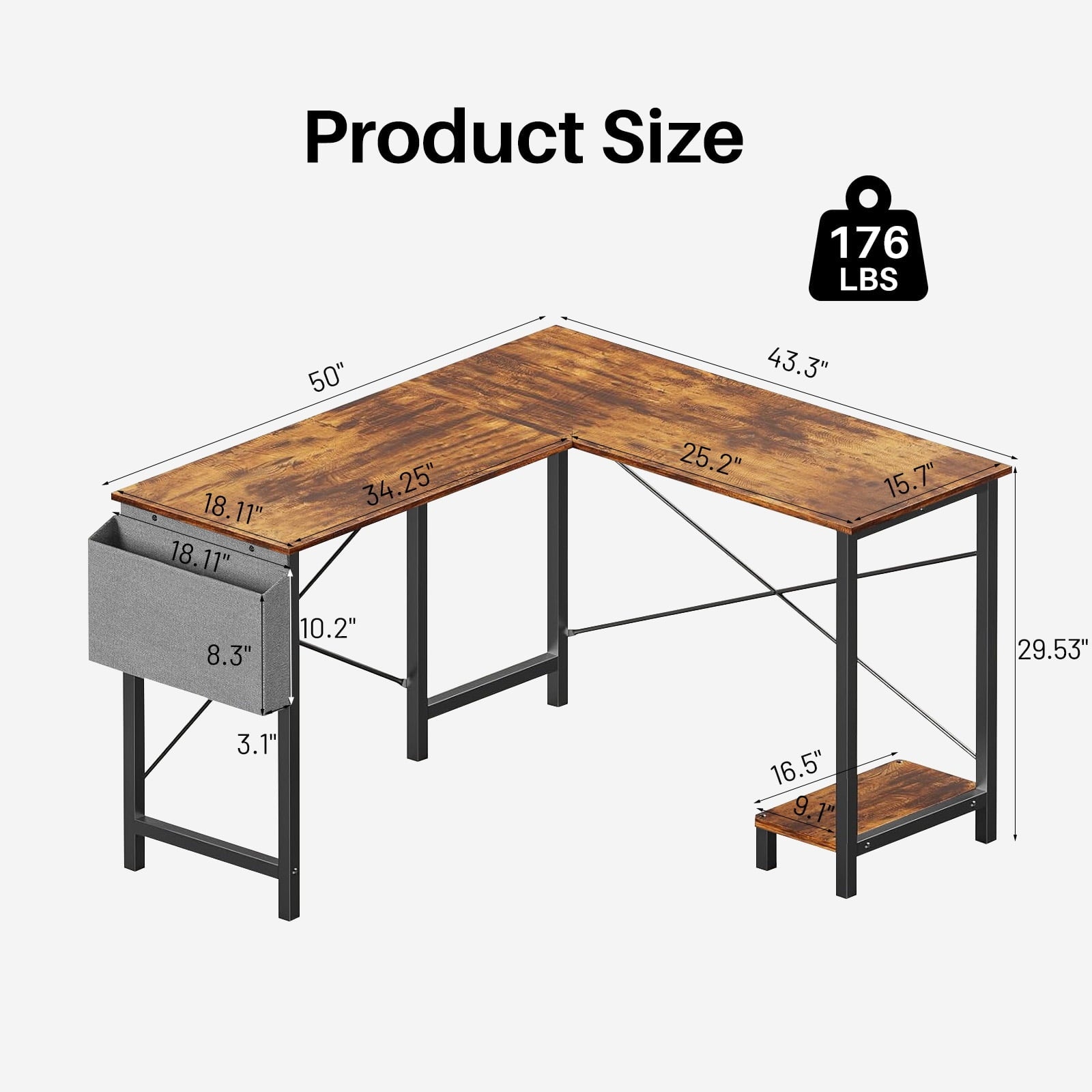 TINKLE WELL 50-inch L-Shaped Computer Desks, Corner Gaming Table with Wooden Desktop, Reversible Design, CPU Stand and Side Bag for Home Office, Study, Black