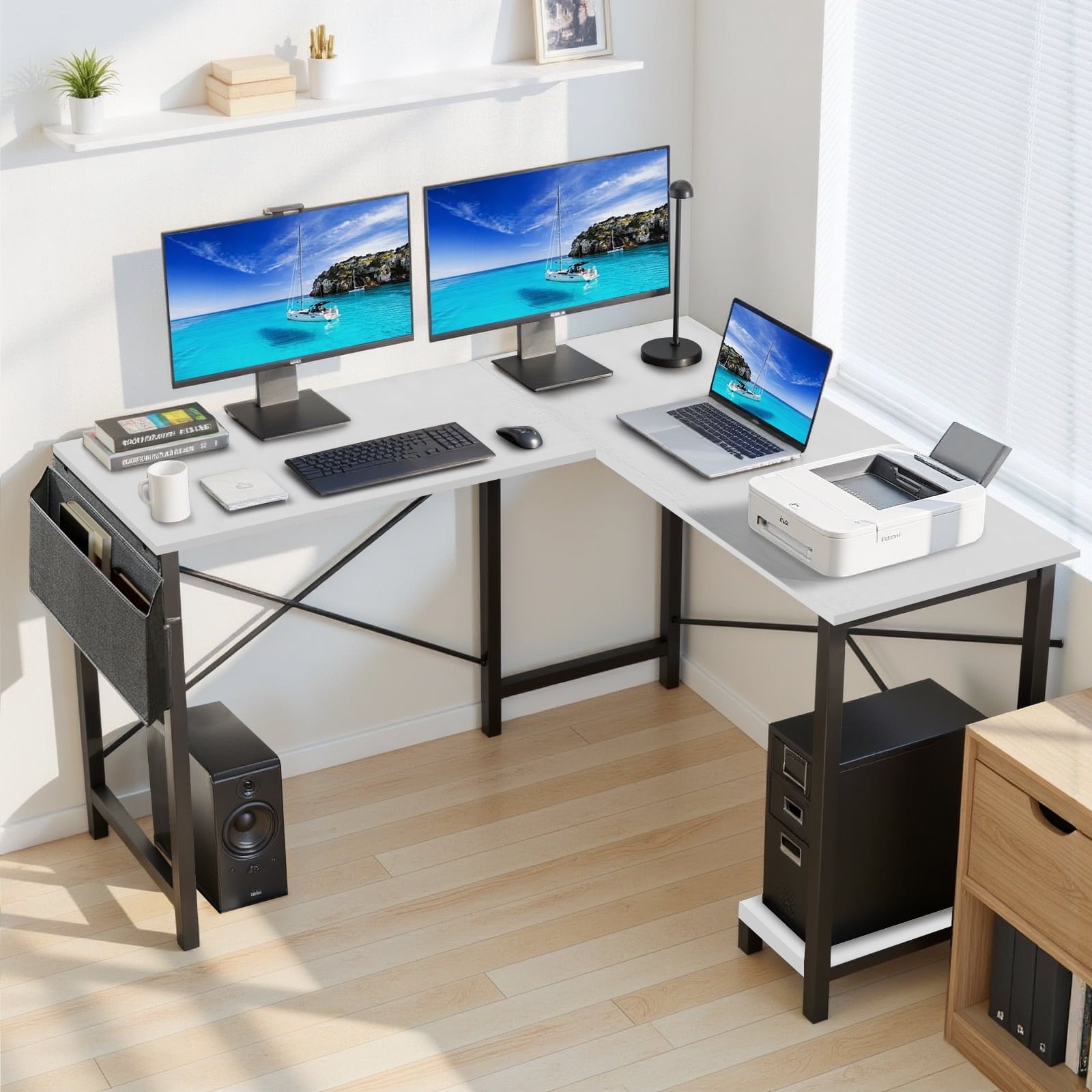TINKLE WELL 50-inch L-Shaped Computer Desks, Corner Gaming Table with Wooden Desktop, Reversible Design, CPU Stand and Side Bag for Home Office, Study, Black