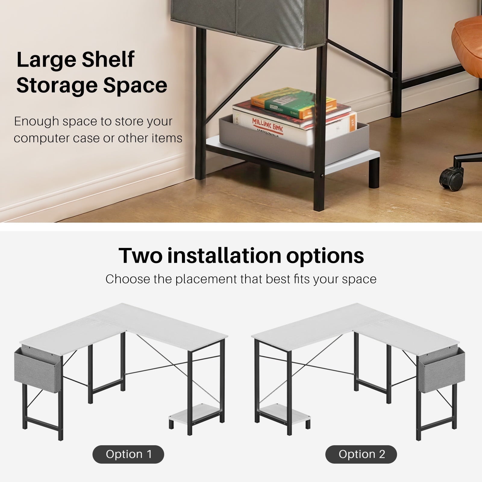 TINKLE WELL 50-inch L-Shaped Computer Desks, Corner Gaming Table with Wooden Desktop, Reversible Design, CPU Stand and Side Bag for Home Office, Study, Black