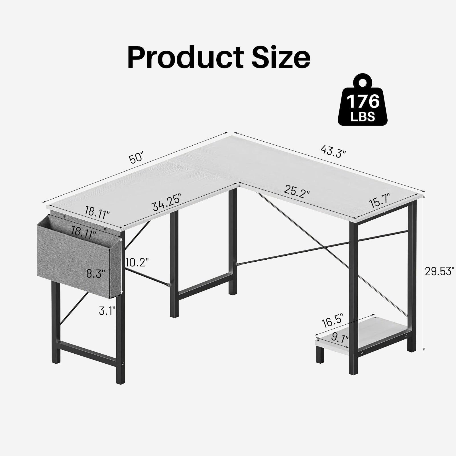 TINKLE WELL 50-inch L-Shaped Computer Desks, Corner Gaming Table with Wooden Desktop, Reversible Design, CPU Stand and Side Bag for Home Office, Study, Black