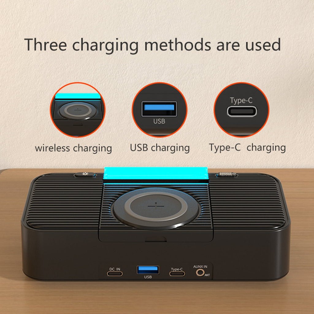 Bluetooth Speaker with Wireless Charger 10W Fast Charging, FM Radio Alarm Clock, Dual Bass, USB-C/USB Hub, LED Display, Snooze