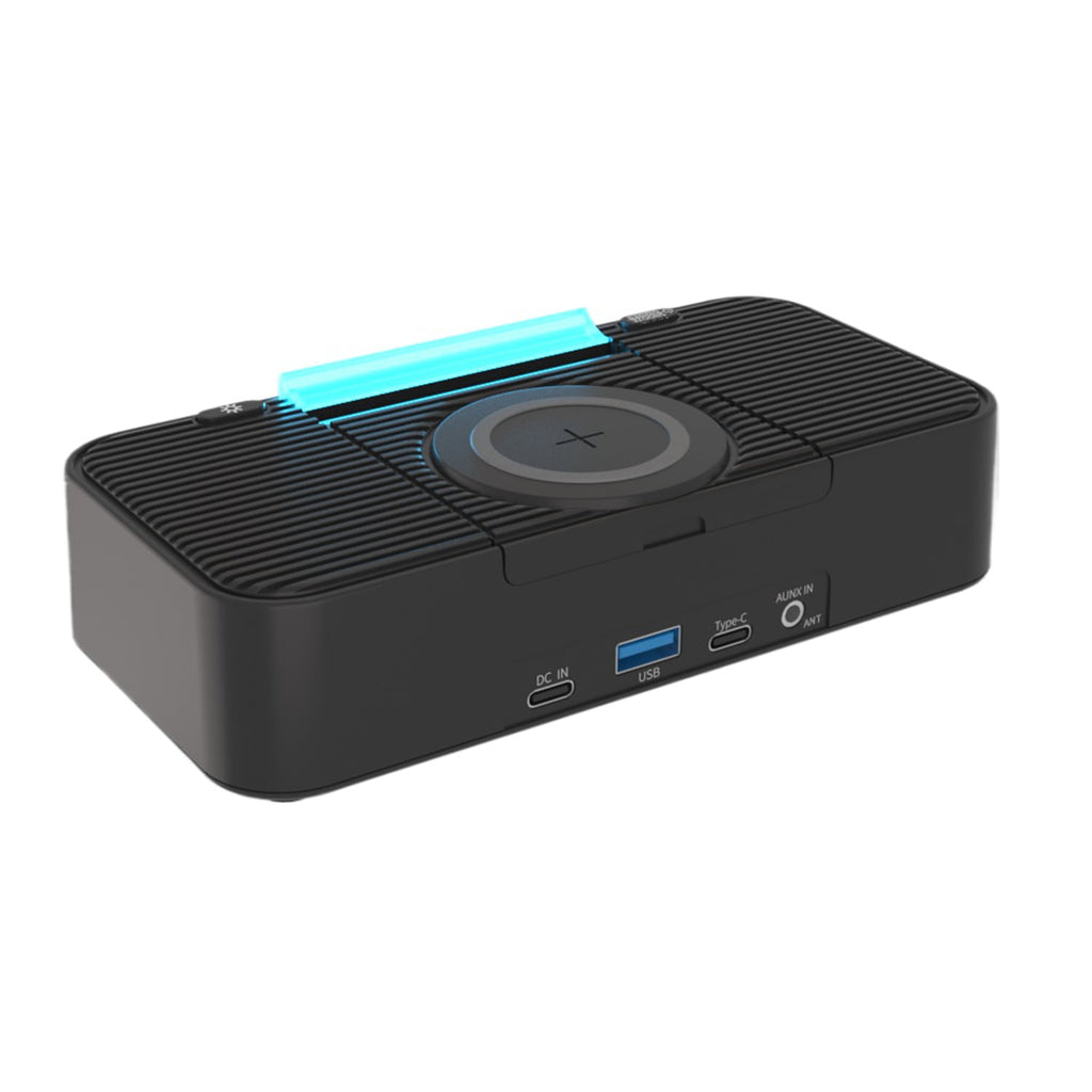 Bluetooth Speaker with Wireless Charger 10W Fast Charging, FM Radio Alarm Clock, Dual Bass, USB-C/USB Hub, LED Display, Snooze