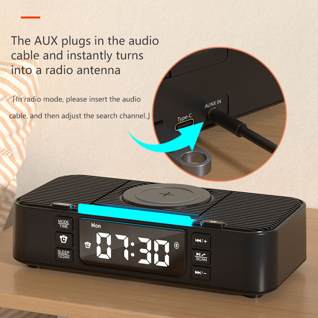 Bluetooth Speaker with Wireless Charger 10W Fast Charging, FM Radio Alarm Clock, Dual Bass, USB-C/USB Hub, LED Display, Snooze