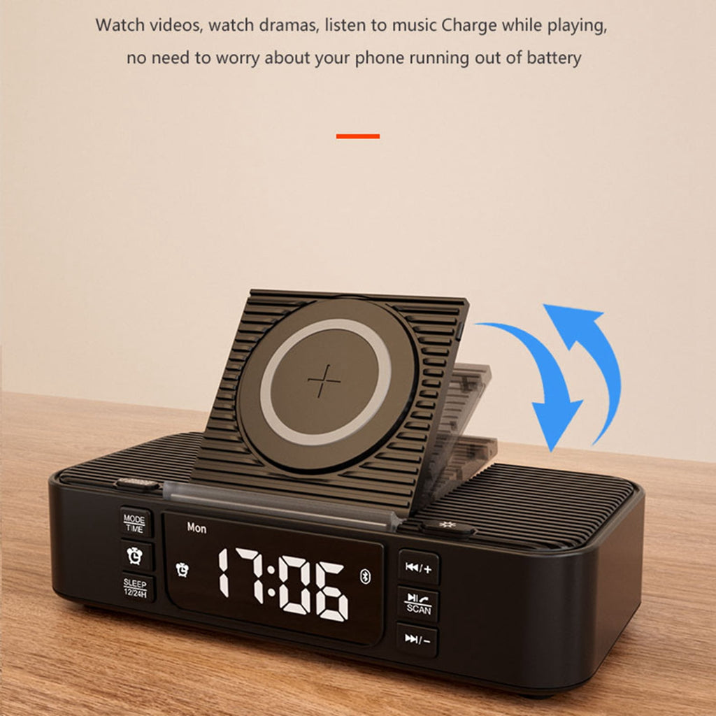 Bluetooth Speaker with Wireless Charger 10W Fast Charging, FM Radio Alarm Clock, Dual Bass, USB-C/USB Hub, LED Display, Snooze