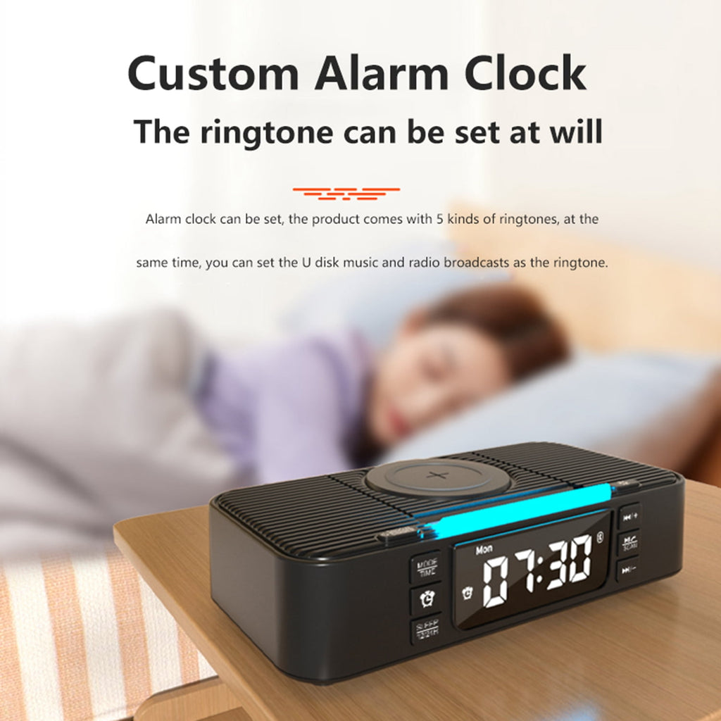 Bluetooth Speaker with Wireless Charger 10W Fast Charging, FM Radio Alarm Clock, Dual Bass, USB-C/USB Hub, LED Display, Snooze
