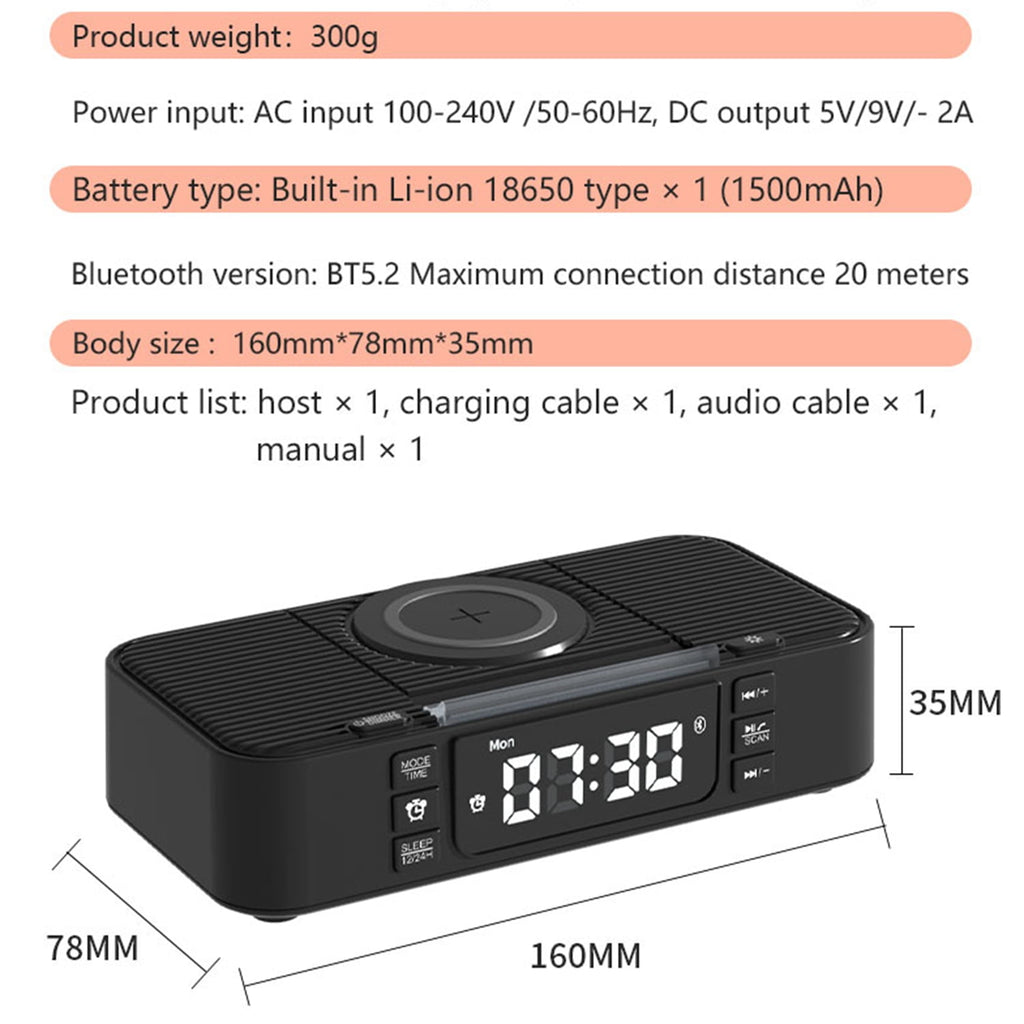 Bluetooth Speaker with Wireless Charger 10W Fast Charging, FM Radio Alarm Clock, Dual Bass, USB-C/USB Hub, LED Display, Snooze