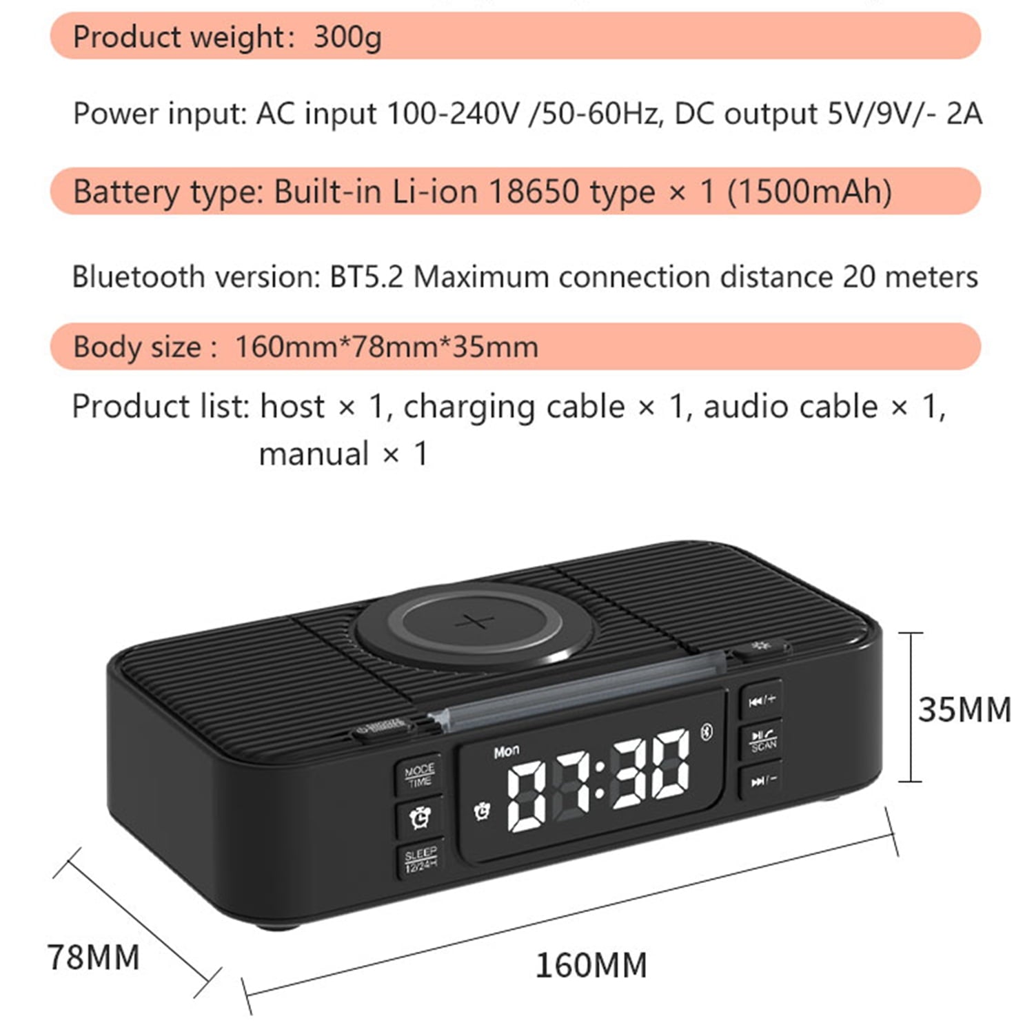 Bluetooth Speaker with Wireless Charger 10W Fast Charging, FM Radio Alarm Clock, Dual Bass, USB-C/USB Hub, LED Display, Snooze