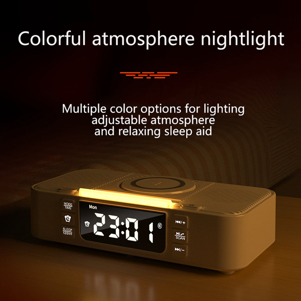 Bluetooth Speaker with Wireless Charger 10W Fast Charging, FM Radio Alarm Clock, Dual Bass, USB-C/USB Hub, LED Display, Snooze