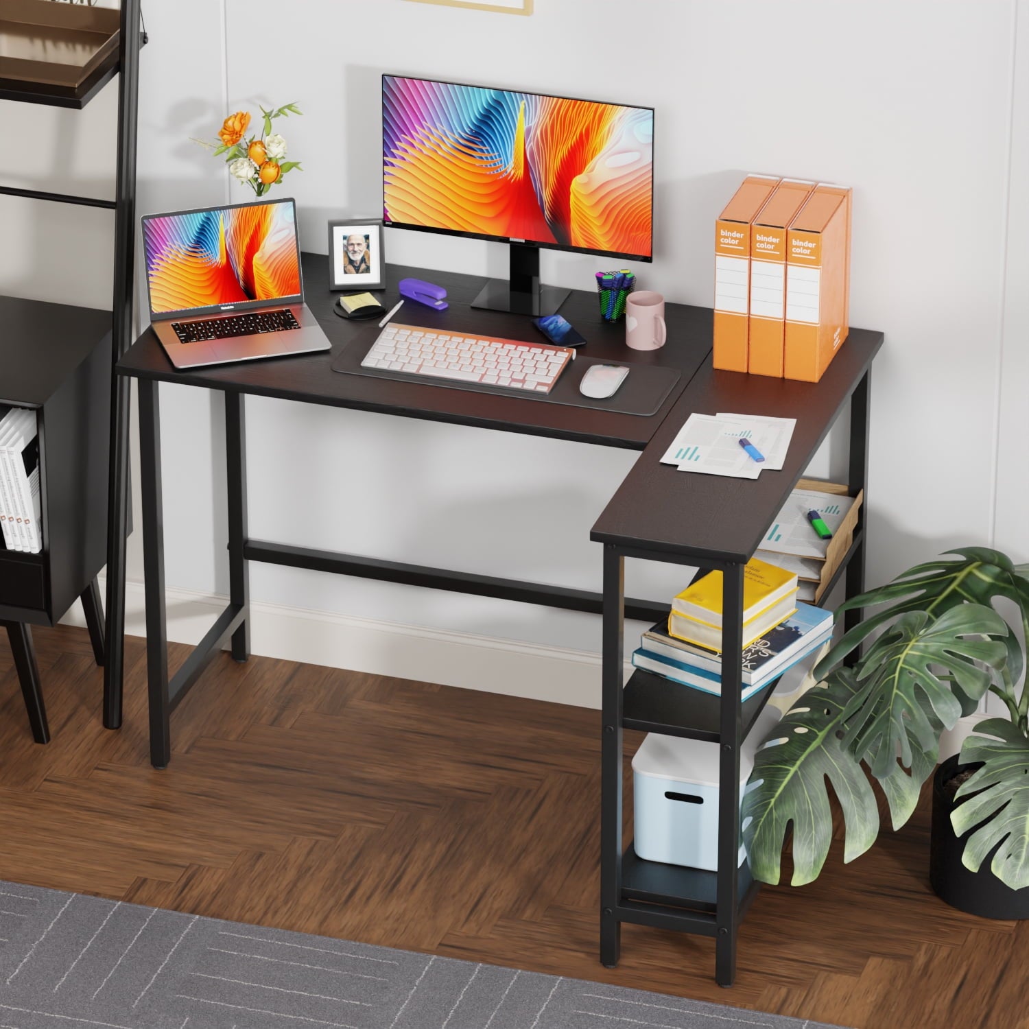 Dkelincs 39 inch L-Shaped Computer Gaming Desk Corner Desk with Reversible Storage Shelves for Home Office, Black