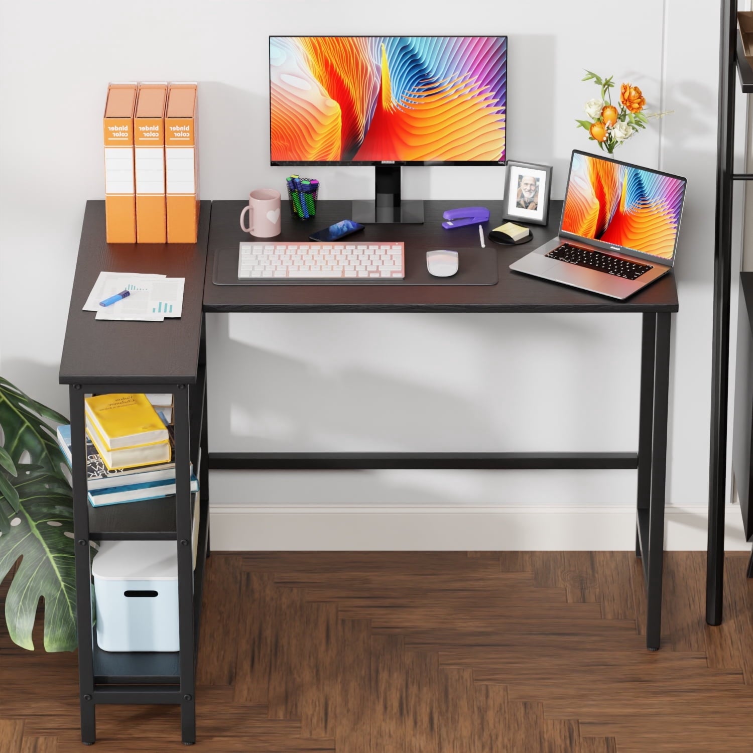 Dkelincs 39 inch L-Shaped Computer Gaming Desk Corner Desk with Reversible Storage Shelves for Home Office, Black