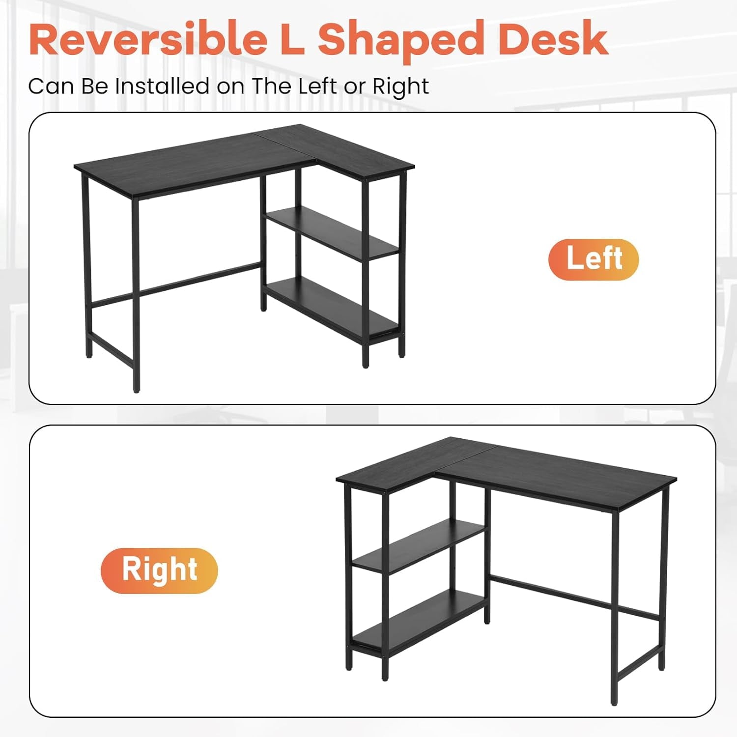Dkelincs 39 inch L-Shaped Computer Gaming Desk Corner Desk with Reversible Storage Shelves for Home Office, Black