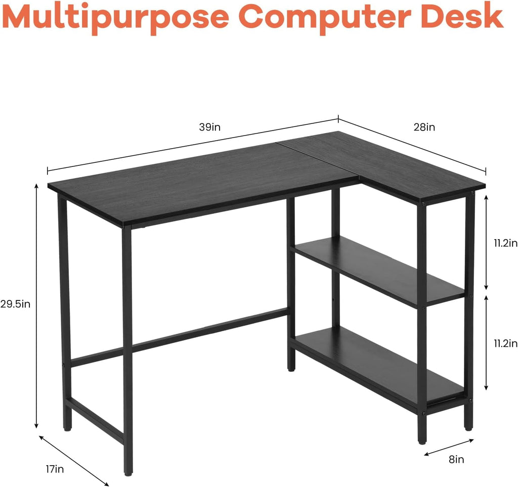 Dkelincs 39 inch L-Shaped Computer Gaming Desk Corner Desk with Reversible Storage Shelves for Home Office, Black