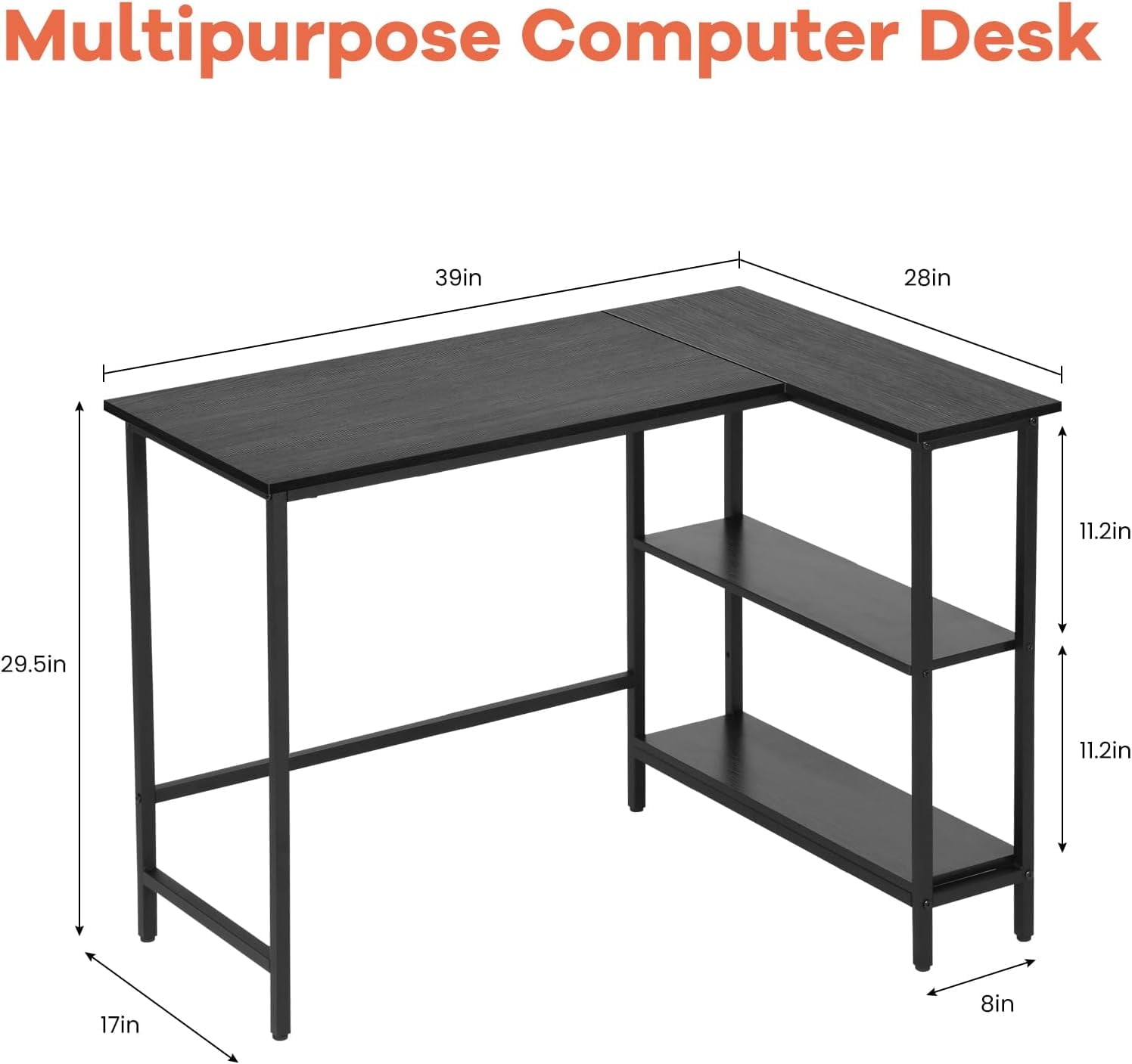 Dkelincs 39 inch L-Shaped Computer Gaming Desk Corner Desk with Reversible Storage Shelves for Home Office, Black